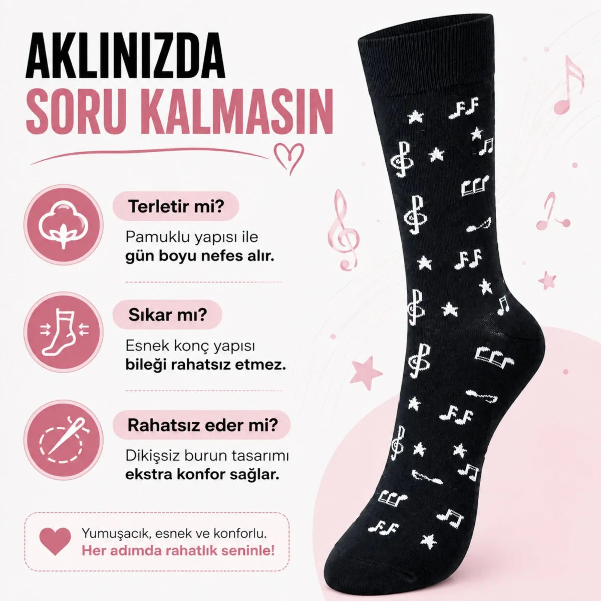 Müzik Notalı Kadın Soket Çorap 36-40 Pamuklu Dikişsiz Burun Siyah Beyaz Uzun Konç