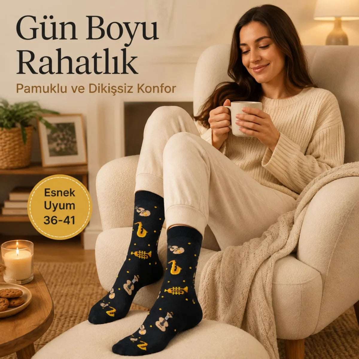 Müzik Enstrüman Desenli Kadın Soket Çorap 36-40 Pamuklu Dikişsiz Burun Siyah Uzun Konç Hediyelik
