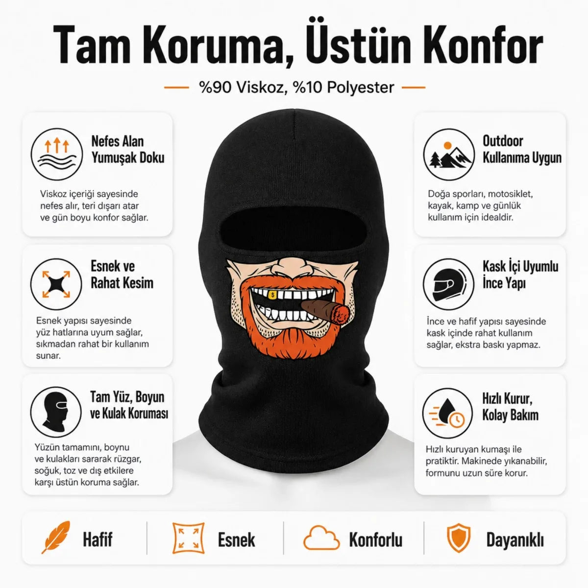 Unisex Sakallı Puro Baskılı Balaklava 1 Adet Tek Beden Viskoz Kask İçi Outdoor Maske