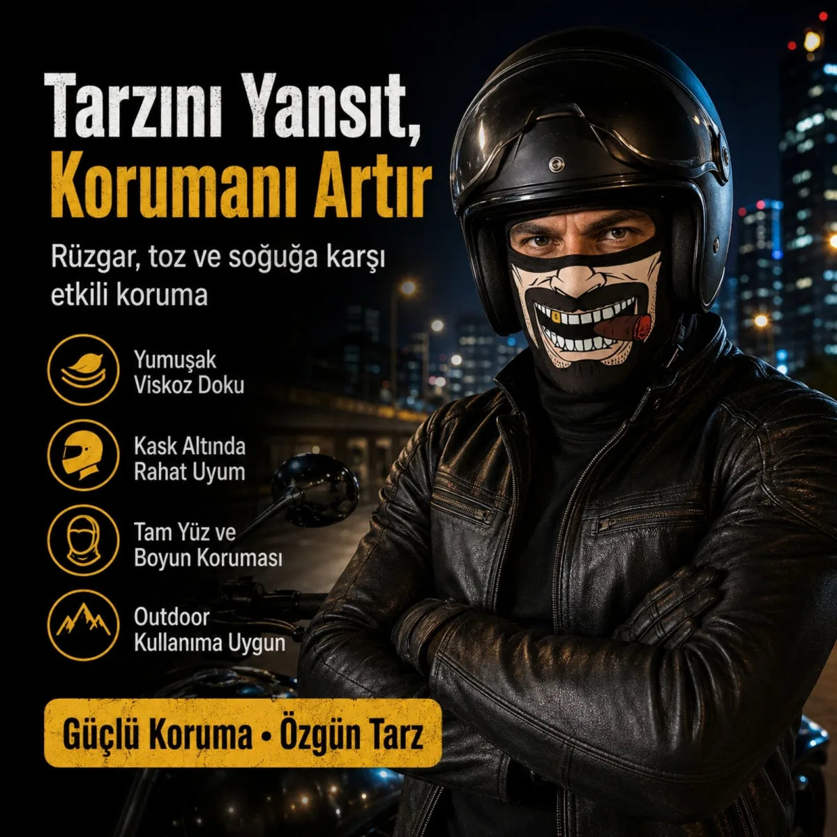 Unisex Bıyık Puro Baskılı Balaklava 1 Adet Tek Beden Viskoz Kask İçi Motosiklet Maskesi