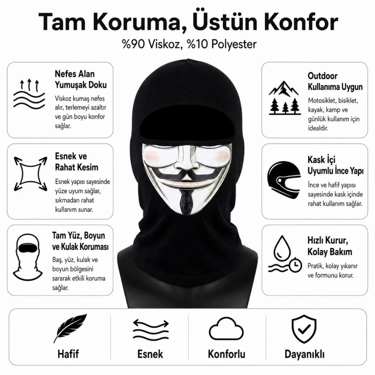 Unisex Anonymous Baskılı Balaklava 1 Adet Tek Beden Viskoz Kask İçi Motosiklet Maskesi