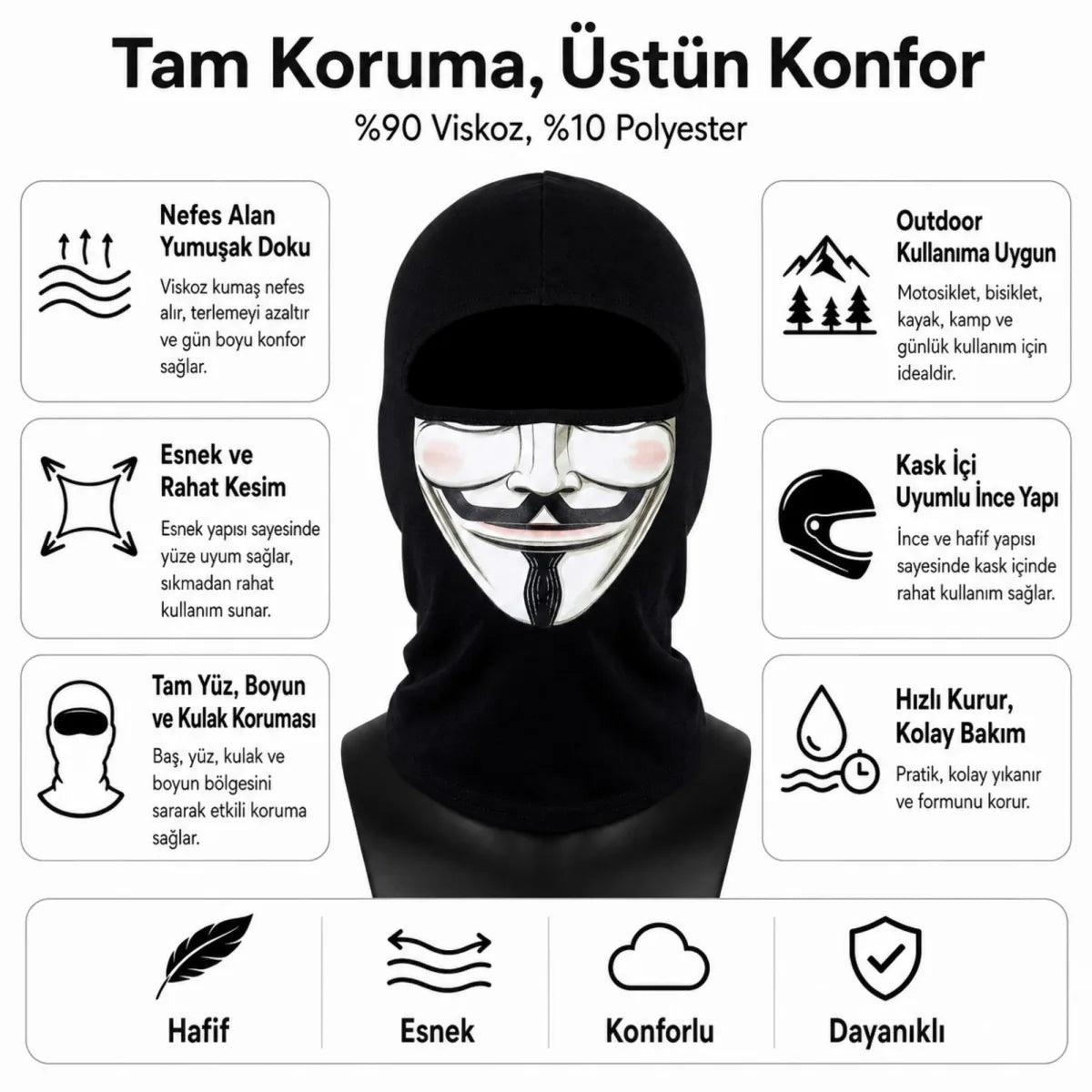 Unisex Anonymous Baskılı Balaklava 1 Adet Tek Beden Viskoz Kask İçi Motosiklet Maskesi