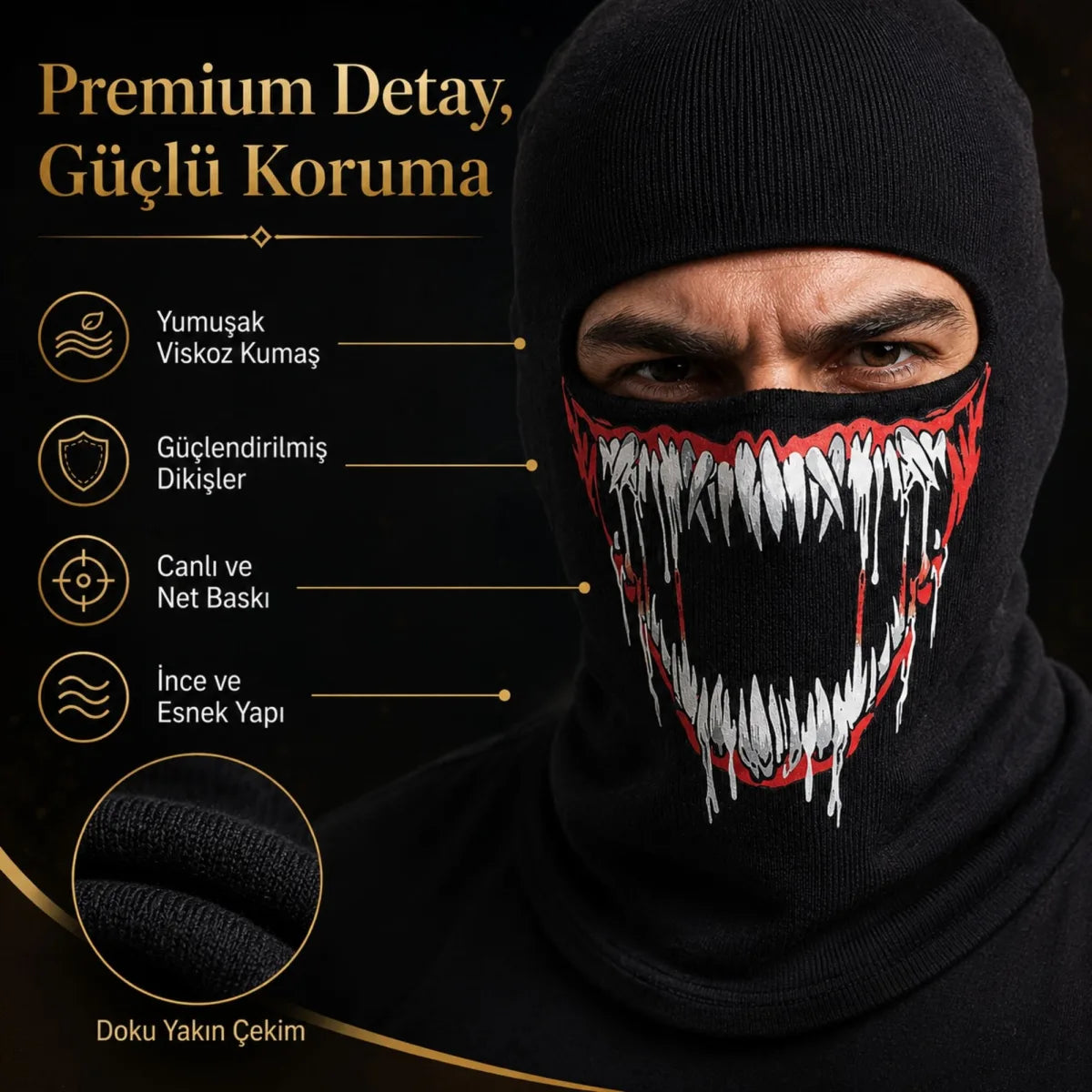 Unisex Canavar Diş Baskılı Balaklava 1 Adet Tek Beden Viskoz Kask İçi Motosiklet Maskesi