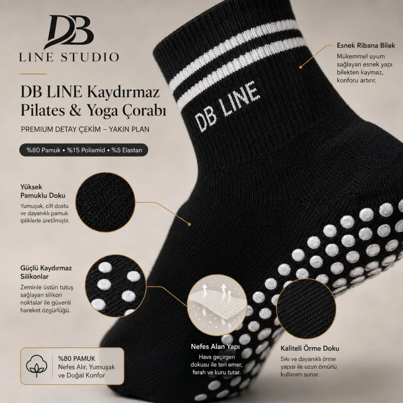 DB LINE Kaydırmaz Pilates Yoga Çorabı Pamuklu Silikon Tabanlı Barre Stüdyo Spor Çorabı