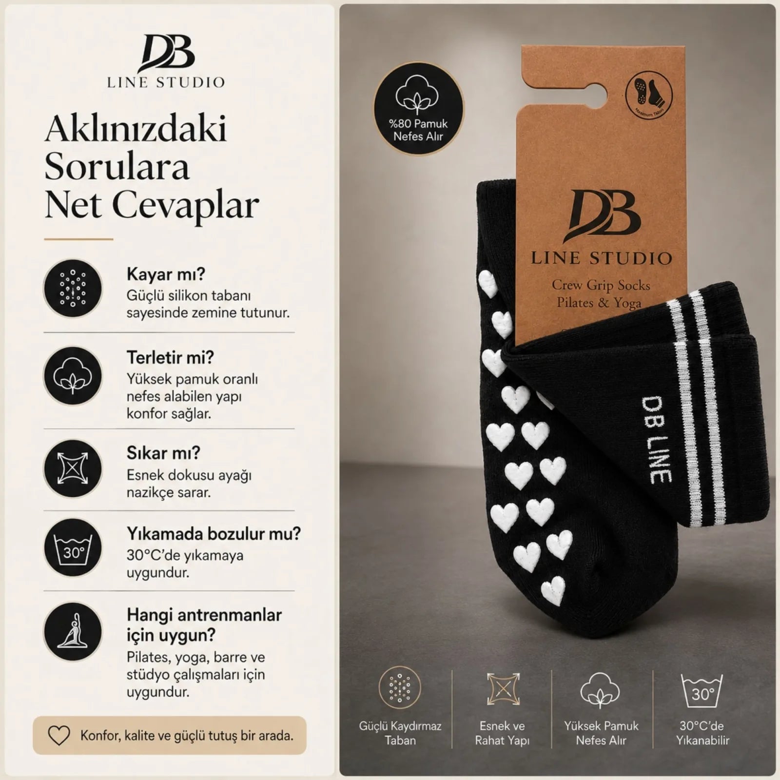 DB LINE Kaydırmaz 8'li Pilates Yoga Çorabı Pamuklu Silikon Tabanlı Barre Stüdyo Spor Çorabı