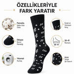 Müzik Notalı Kadın Soket Çorap 36-40 Pamuklu Dikişsiz Burun Siyah Beyaz Uzun Konç