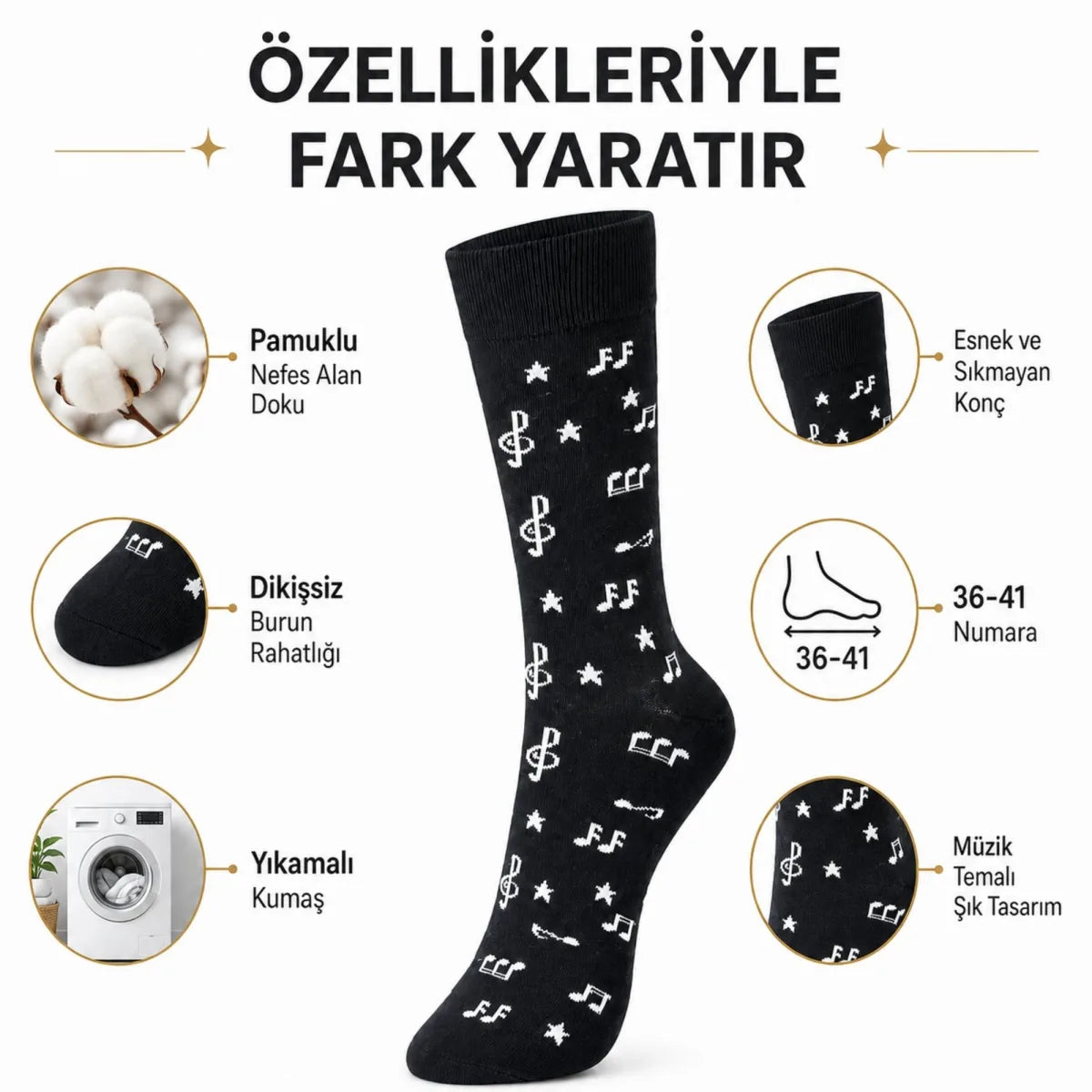 Müzik Notalı Kadın Soket Çorap 36-40 Pamuklu Dikişsiz Burun Siyah Beyaz Uzun Konç