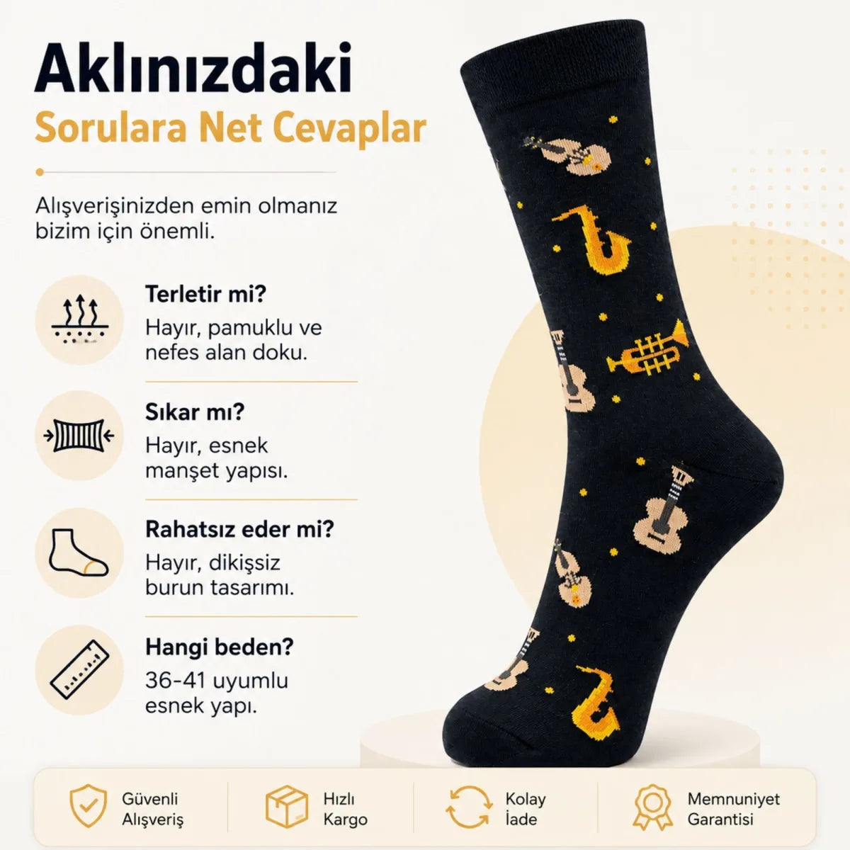 Müzik Enstrüman Desenli Kadın Soket Çorap 36-40 Pamuklu Dikişsiz Burun Siyah Uzun Konç Hediyelik