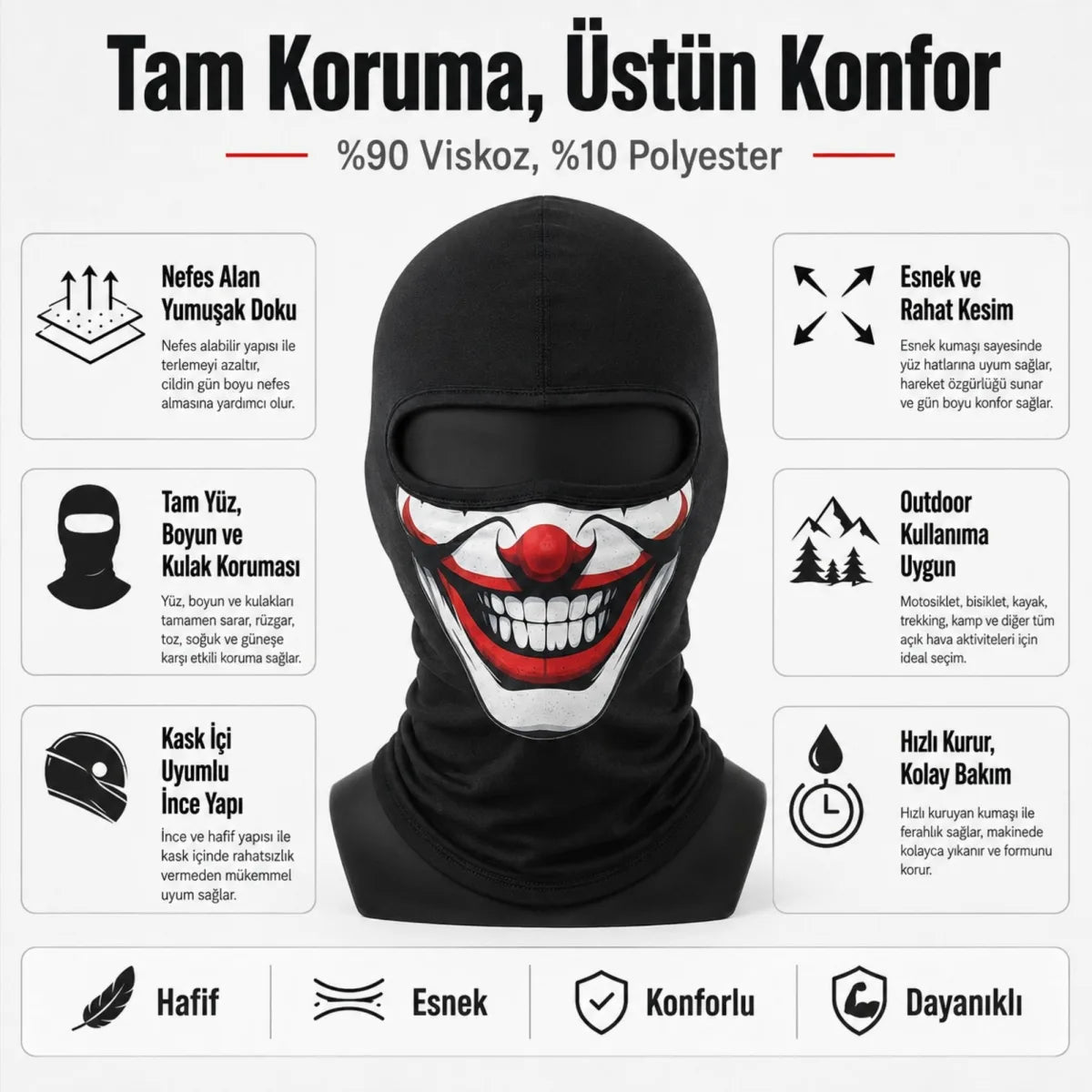 Unisex Palyaço Baskılı Balaklava Maske 1 Adet Tek Beden Viskoz Kask İçi Outdoor Motosiklet Maskesi