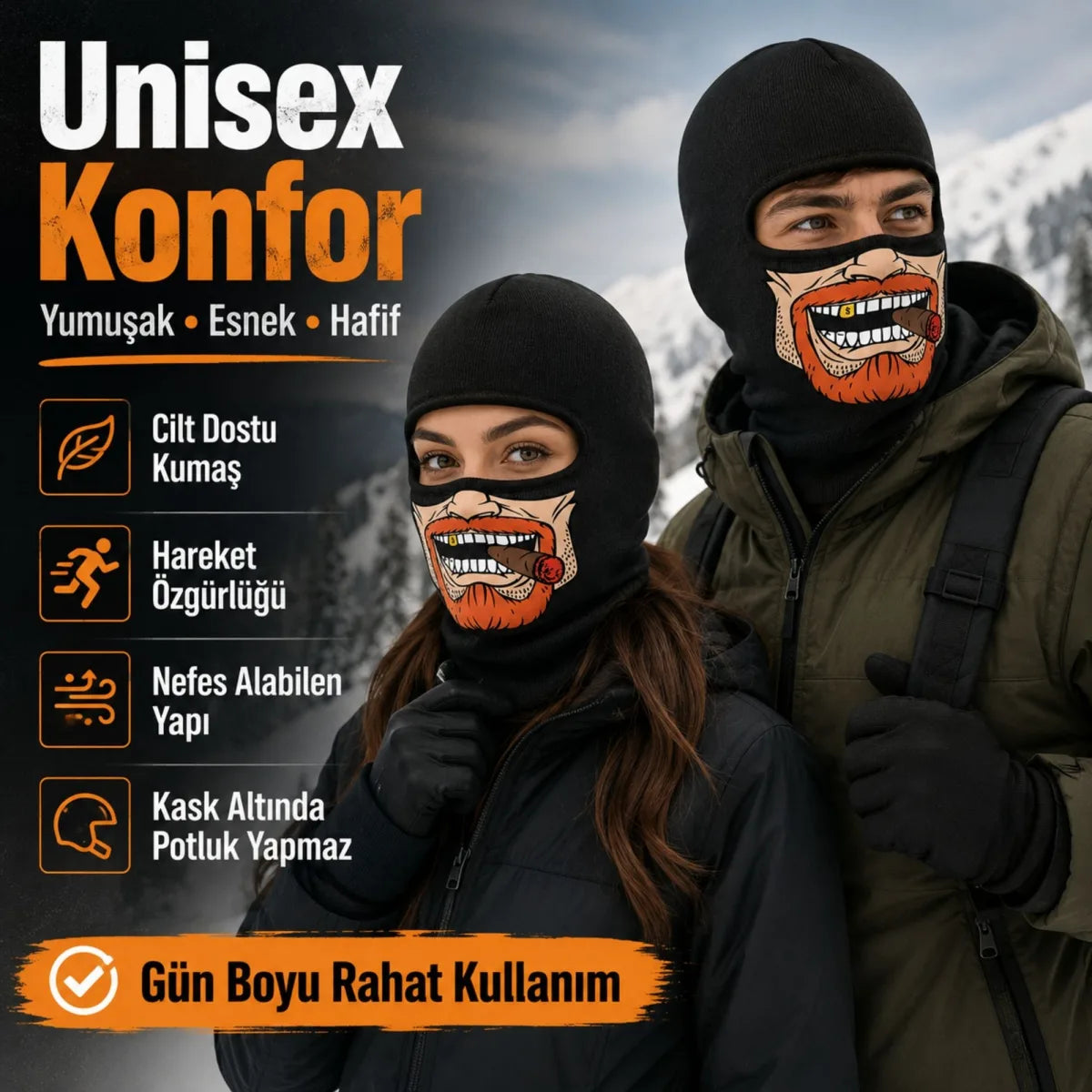 Unisex Sakallı Puro Baskılı Balaklava 1 Adet Tek Beden Viskoz Kask İçi Outdoor Maske