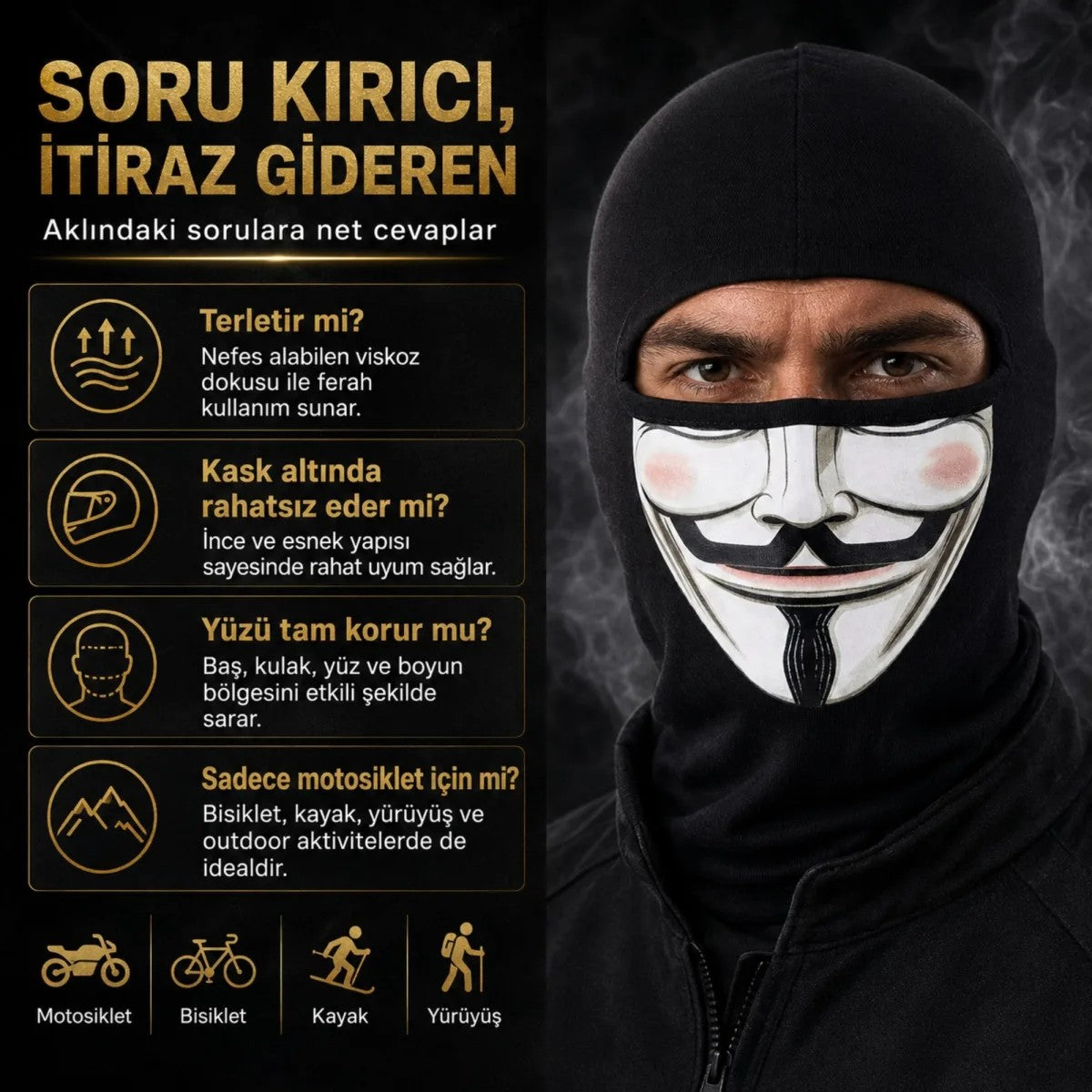 Unisex Anonymous Baskılı Balaklava 1 Adet Tek Beden Viskoz Kask İçi Motosiklet Maskesi
