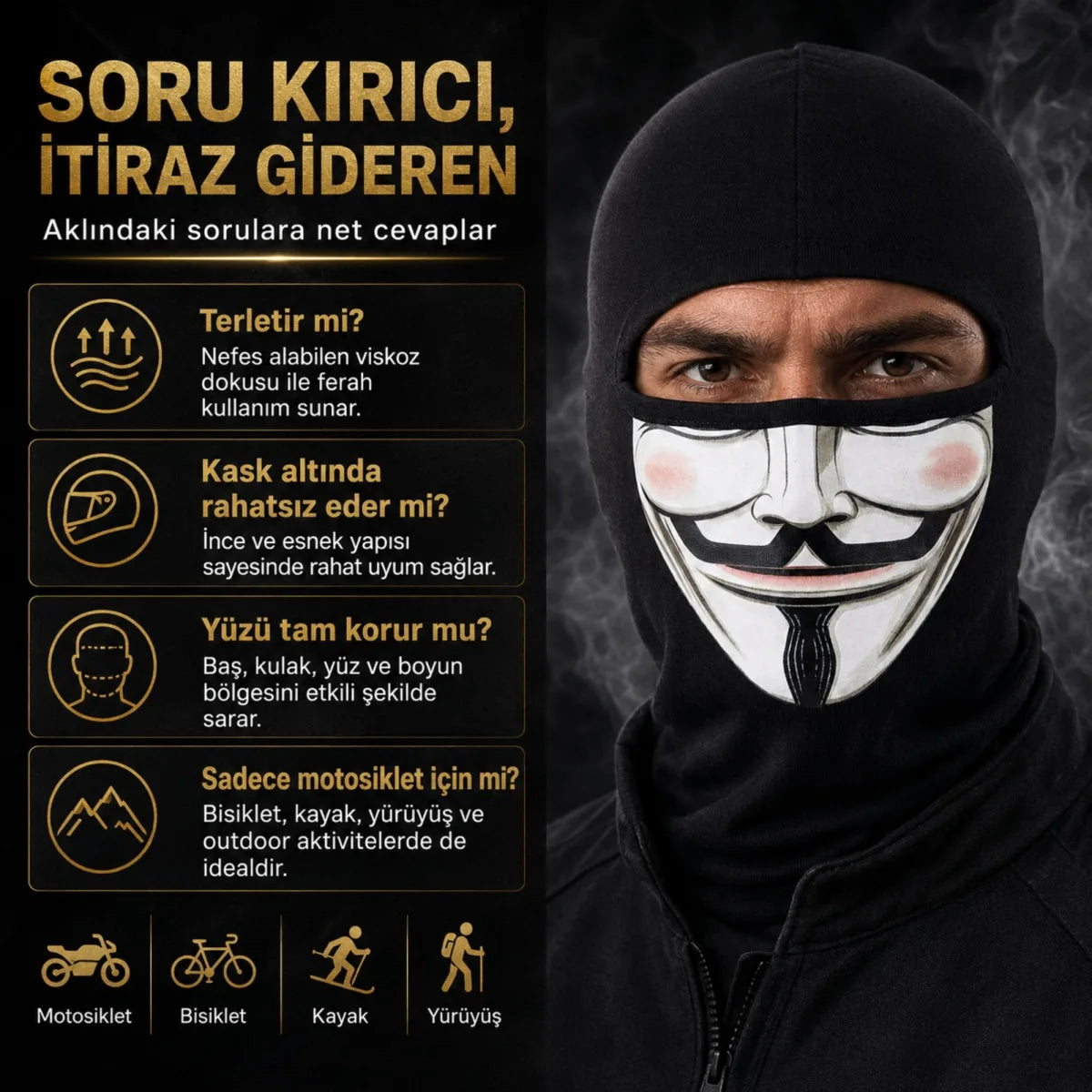 Unisex Anonymous Baskılı Balaklava 1 Adet Tek Beden Viskoz Kask İçi Motosiklet Maskesi