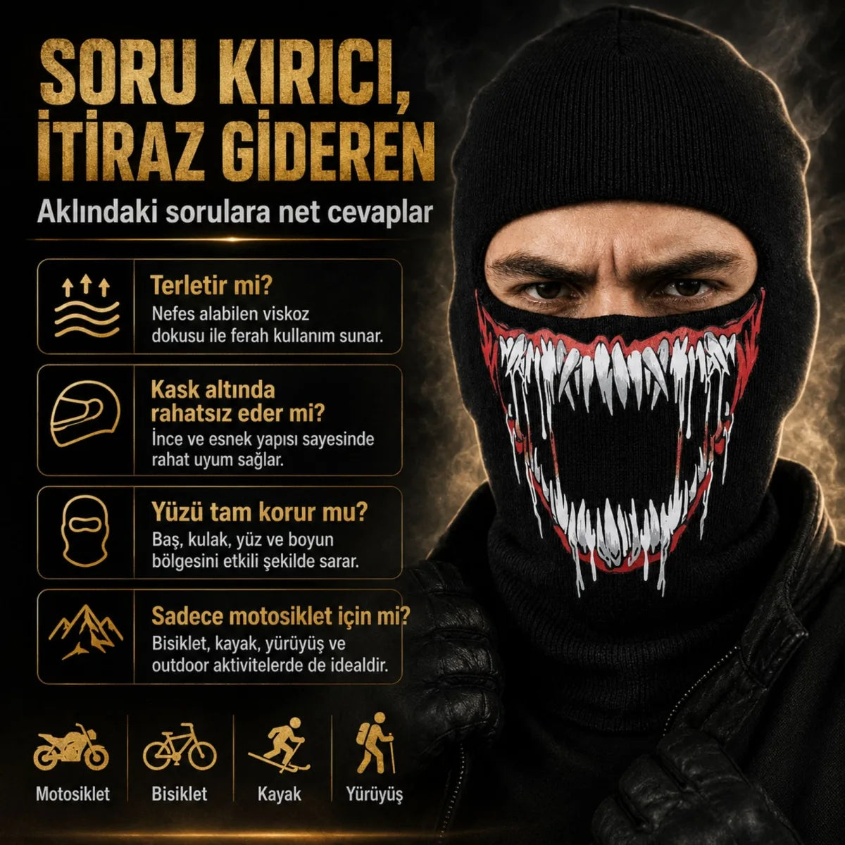 Unisex Canavar Diş Baskılı Balaklava 1 Adet Tek Beden Viskoz Kask İçi Motosiklet Maskesi