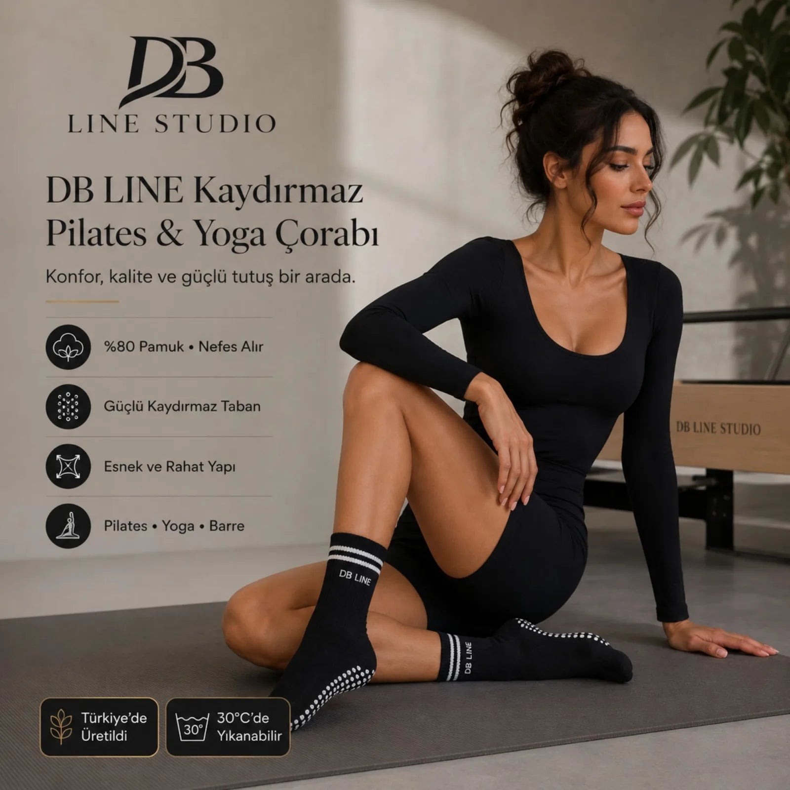 DB LINE Kaydırmaz 4'lü Pilates Yoga Çorabı Pamuklu Silikon Tabanlı Barre Stüdyo Spor Çorabı