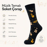 Müzik Enstrüman Desenli Kadın Soket Çorap 36-40 Pamuklu Dikişsiz Burun Siyah Uzun Konç Hediyelik