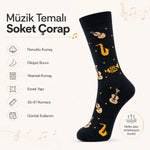 Müzik Enstrüman Desenli Kadın Soket Çorap 36-40 Pamuklu Dikişsiz Burun Siyah Uzun Konç Hediyelik