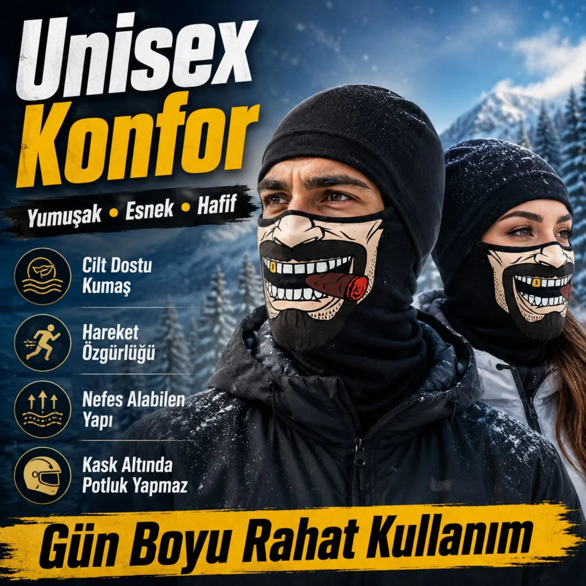 Unisex Bıyık Puro Baskılı Balaklava 1 Adet Tek Beden Viskoz Kask İçi Motosiklet Maskesi