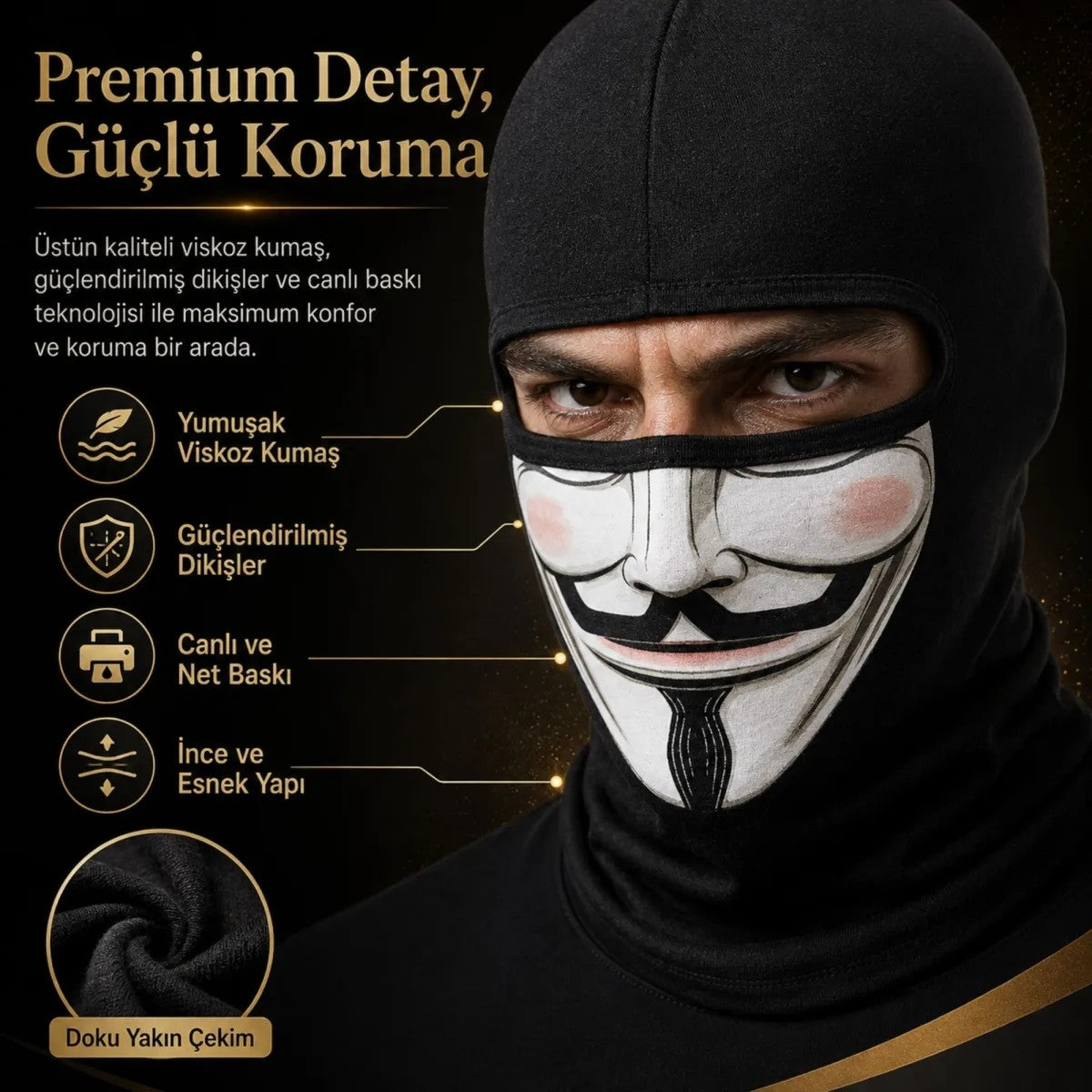 Unisex Anonymous Baskılı Balaklava 1 Adet Tek Beden Viskoz Kask İçi Motosiklet Maskesi