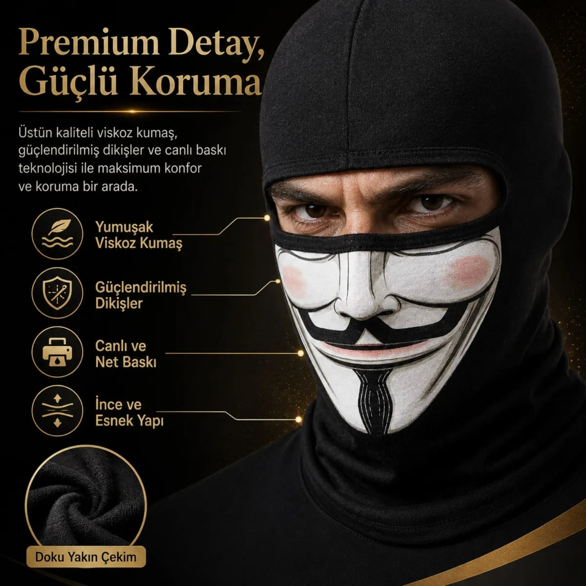 Unisex Anonymous Baskılı Balaklava 1 Adet Tek Beden Viskoz Kask İçi Motosiklet Maskesi