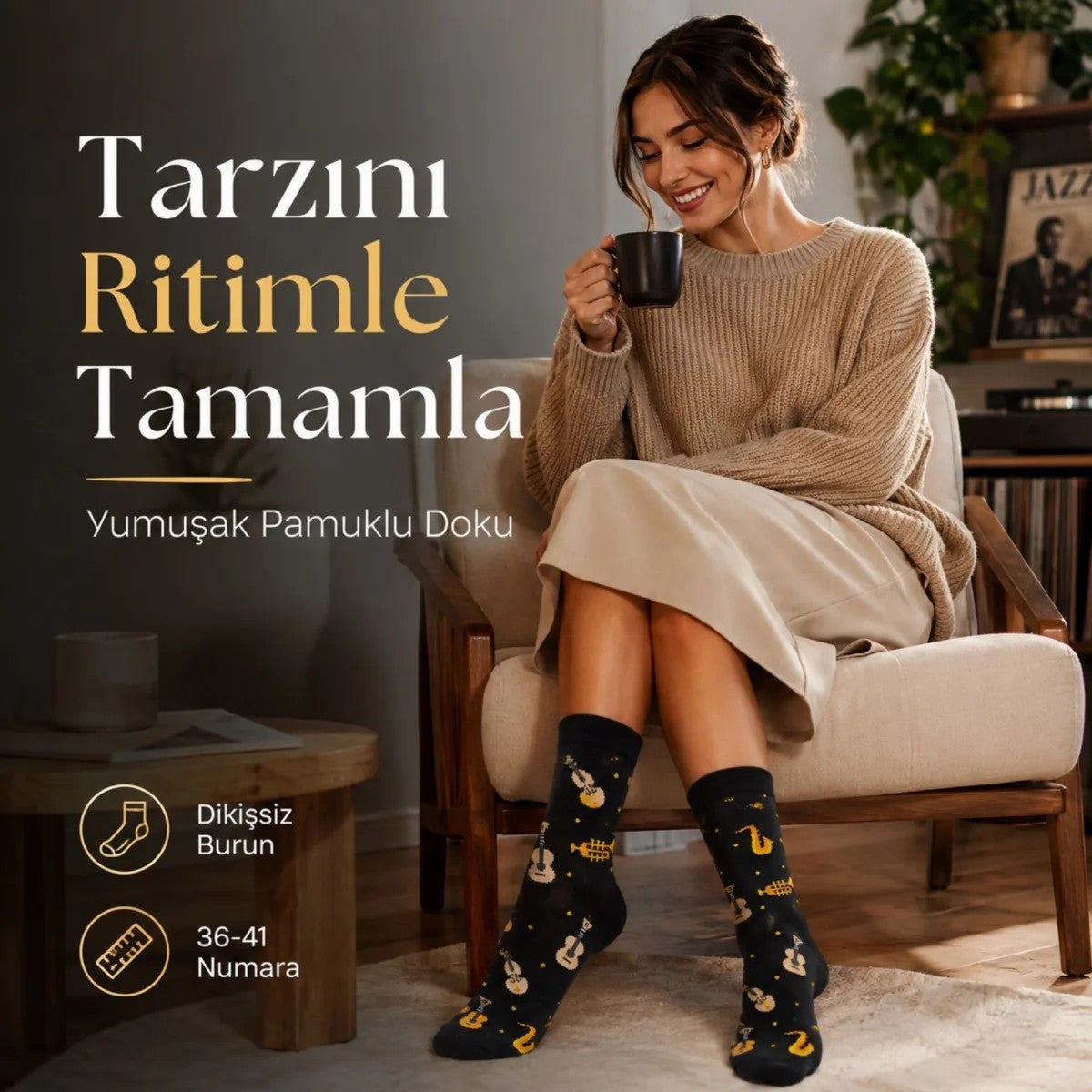 Müzik Enstrüman Desenli Kadın Soket Çorap 36-40 Pamuklu Dikişsiz Burun Siyah Uzun Konç Hediyelik