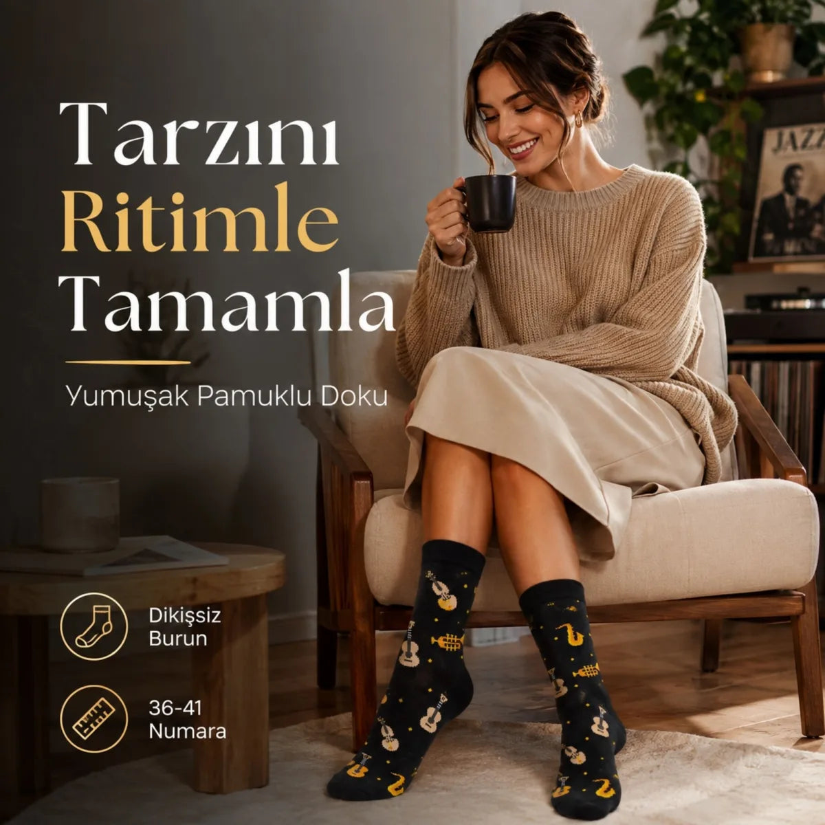Müzik Enstrüman Desenli Kadın Soket Çorap 36-40 Pamuklu Dikişsiz Burun Siyah Uzun Konç Hediyelik