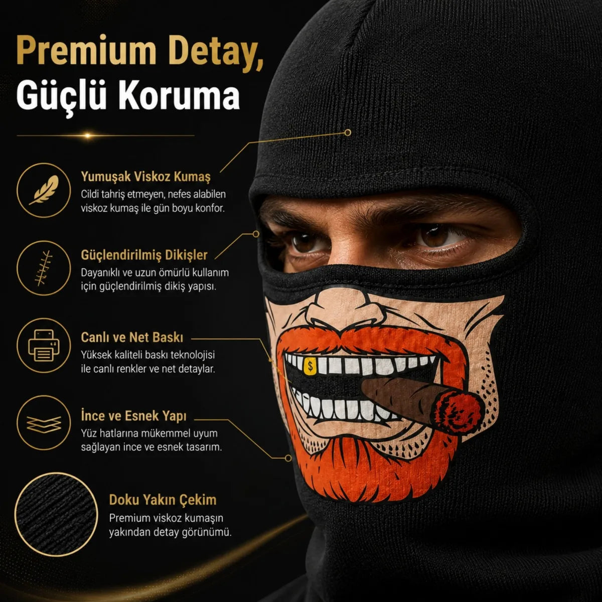 Unisex Sakallı Puro Baskılı Balaklava 1 Adet Tek Beden Viskoz Kask İçi Outdoor Maske