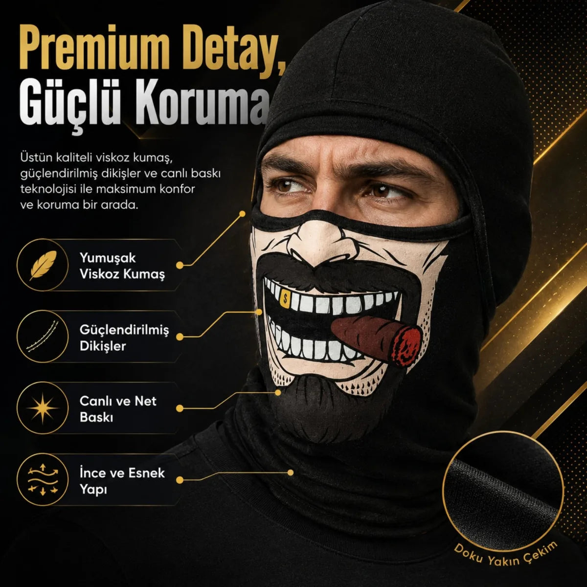 Unisex Bıyık Puro Baskılı Balaklava 1 Adet Tek Beden Viskoz Kask İçi Motosiklet Maskesi