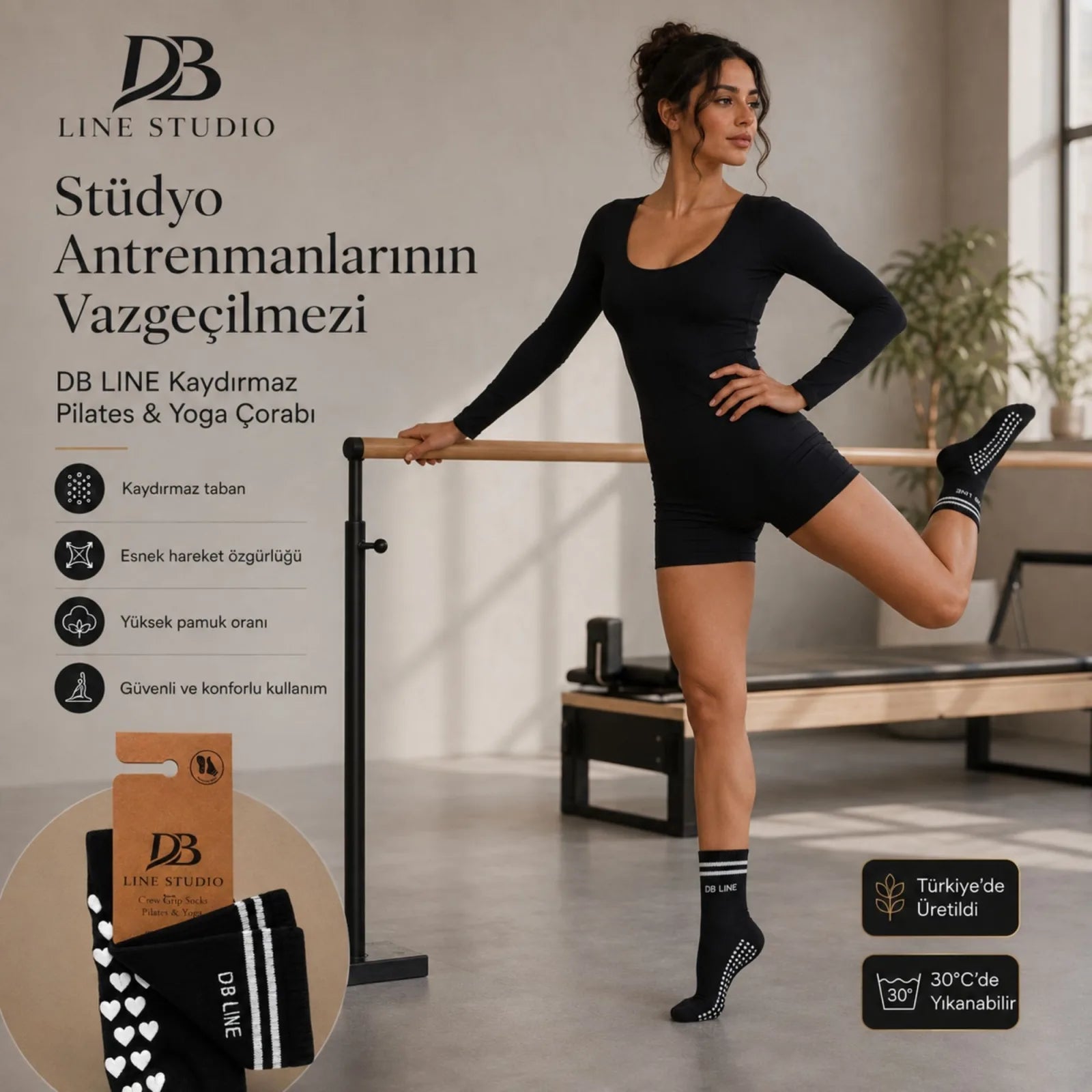 DB LINE Kaydırmaz Pilates Yoga Çorabı Pamuklu Silikon Tabanlı Barre Stüdyo Spor Çorabı