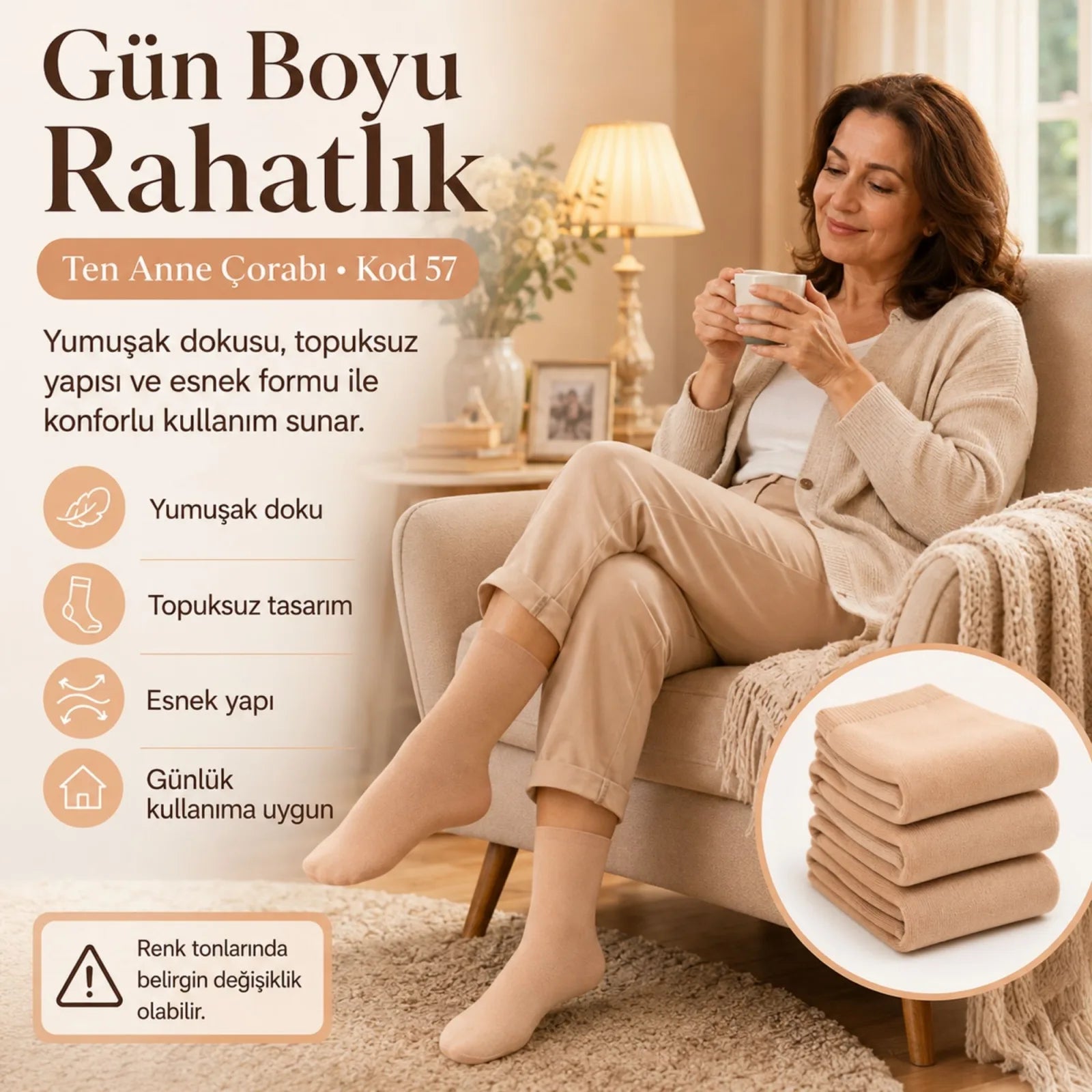 Kadın 70 Denye 6'lı Kalın Anne Çorabı Dizaltı Topuksuz Esnek Günlük Kullanım Çorabı Ten Siyah Bronz Vizon
