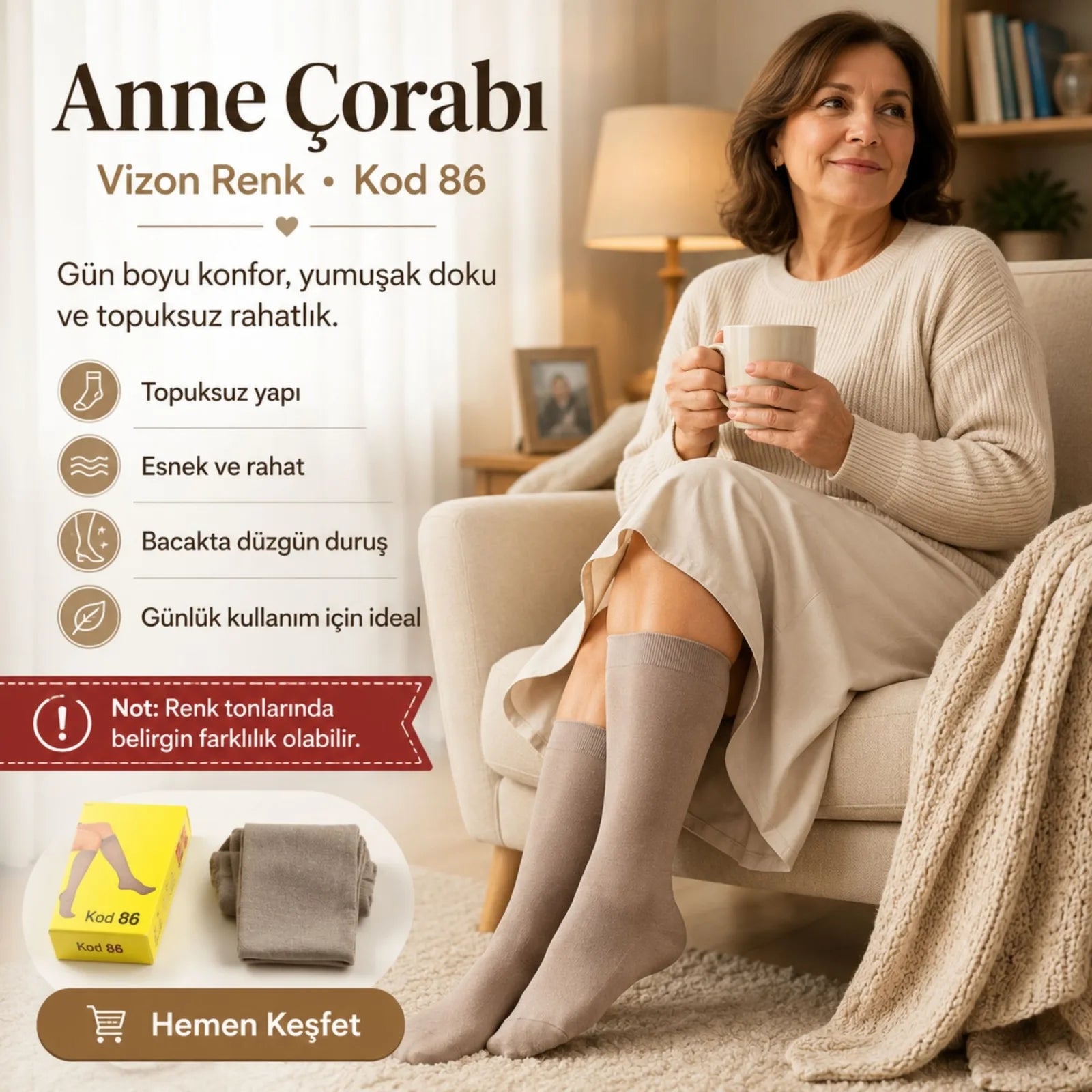 Kadın 40 Denye 12'li İnce Anne Çorabı Dizaltı Topuksuz Esnek Günlük Kullanım Çorabı Ten Siyah Bronz Vizon