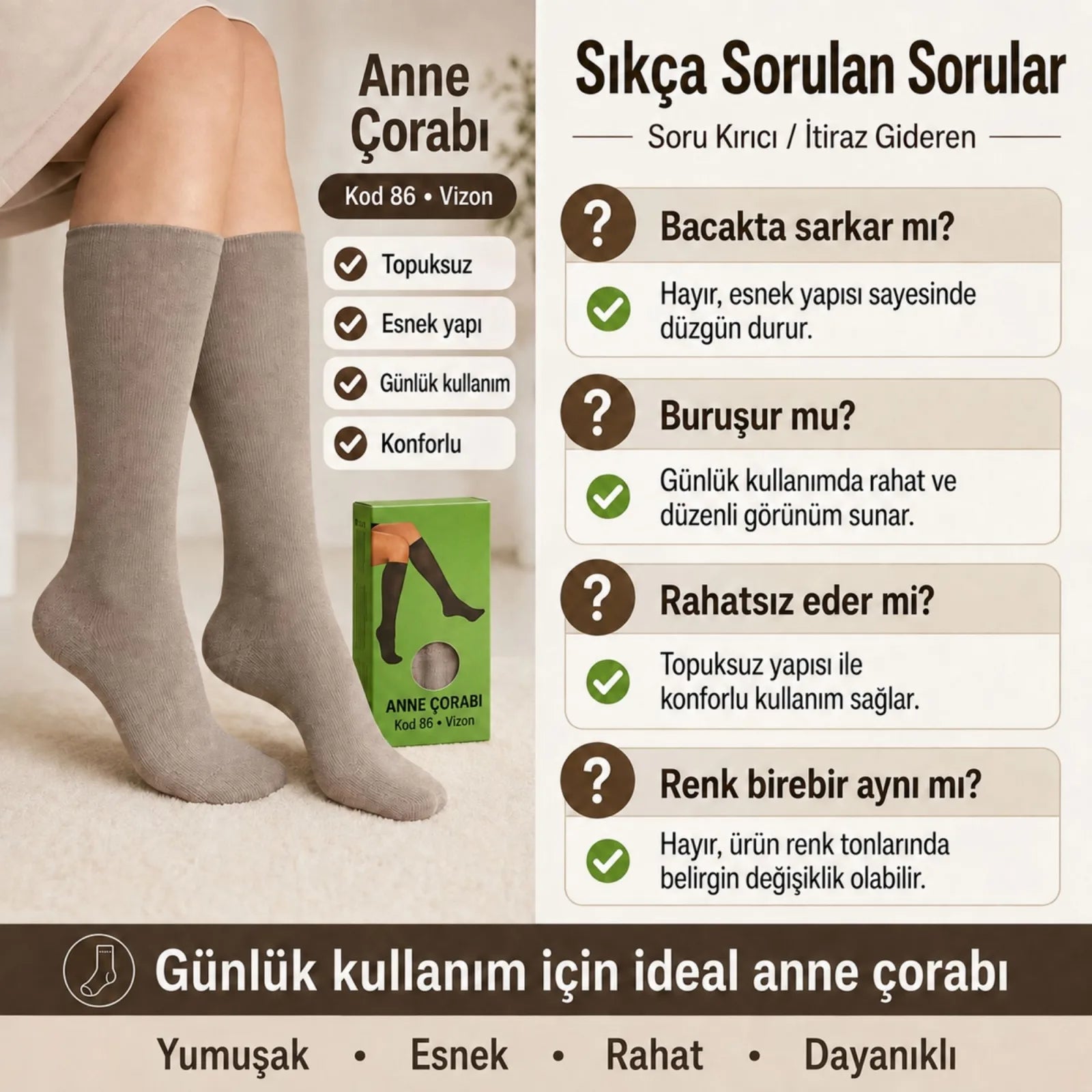 Kadın 70 Denye 6'lı Kalın Anne Çorabı Dizaltı Topuksuz Esnek Günlük Kullanım Çorabı Ten Siyah Bronz Vizon