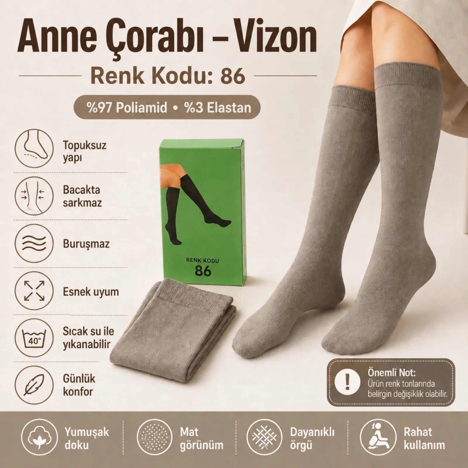 Kadın 70 Denye 12'li Kalın Anne Çorabı Dizaltı Topuksuz Esnek Günlük Kullanım Çorabı Ten Siyah Bronz Vizon