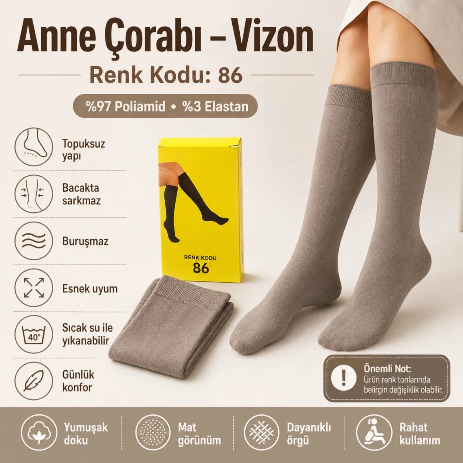 Kadın 40 Denye 6'lı İnce Anne Çorabı Dizaltı Topuksuz Esnek Günlük Kullanım Çorabı Ten Siyah Bronz Vizon