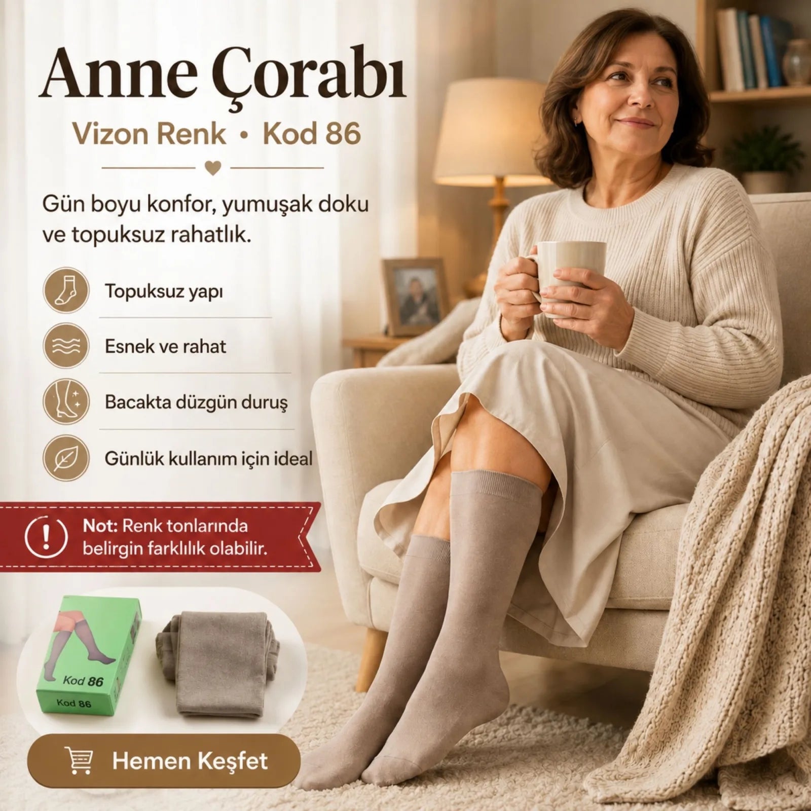 Kadın 70 Denye 12'li Kalın Anne Çorabı Dizaltı Topuksuz Esnek Günlük Kullanım Çorabı Ten Siyah Bronz Vizon