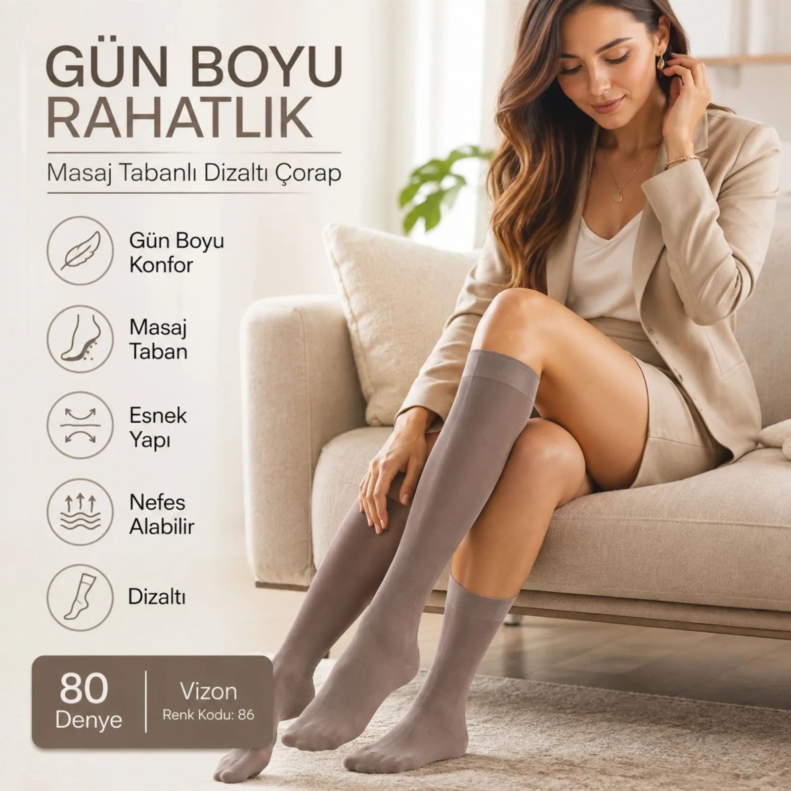 Kadın 3'lü Anne Masaj Tabanlı Dizaltı Çorap 80 Denye Esnek Rahat Günlük Kullanım