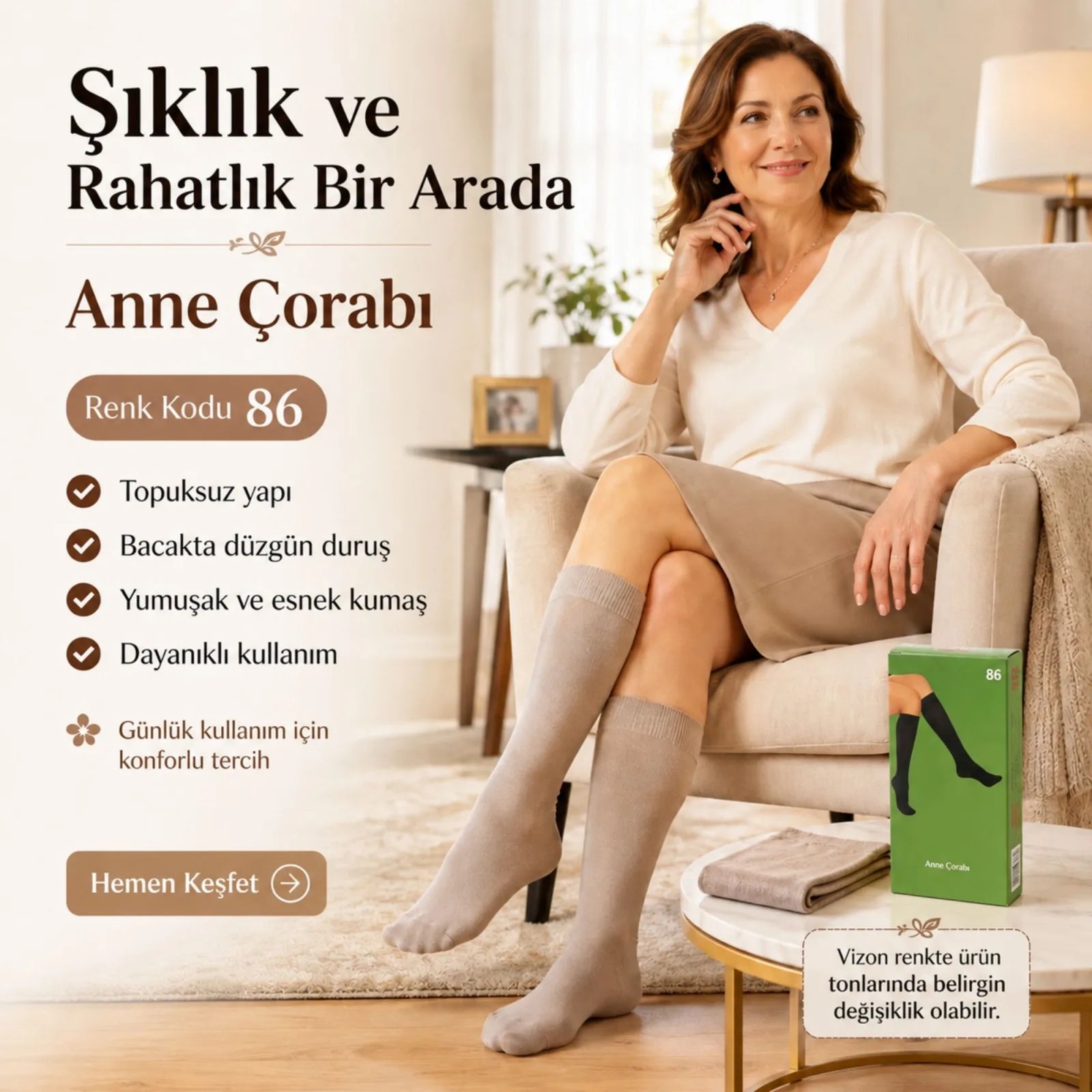 Kadın 70 Denye 6'lı Kalın Anne Çorabı Dizaltı Topuksuz Esnek Günlük Kullanım Çorabı Ten Siyah Bronz Vizon