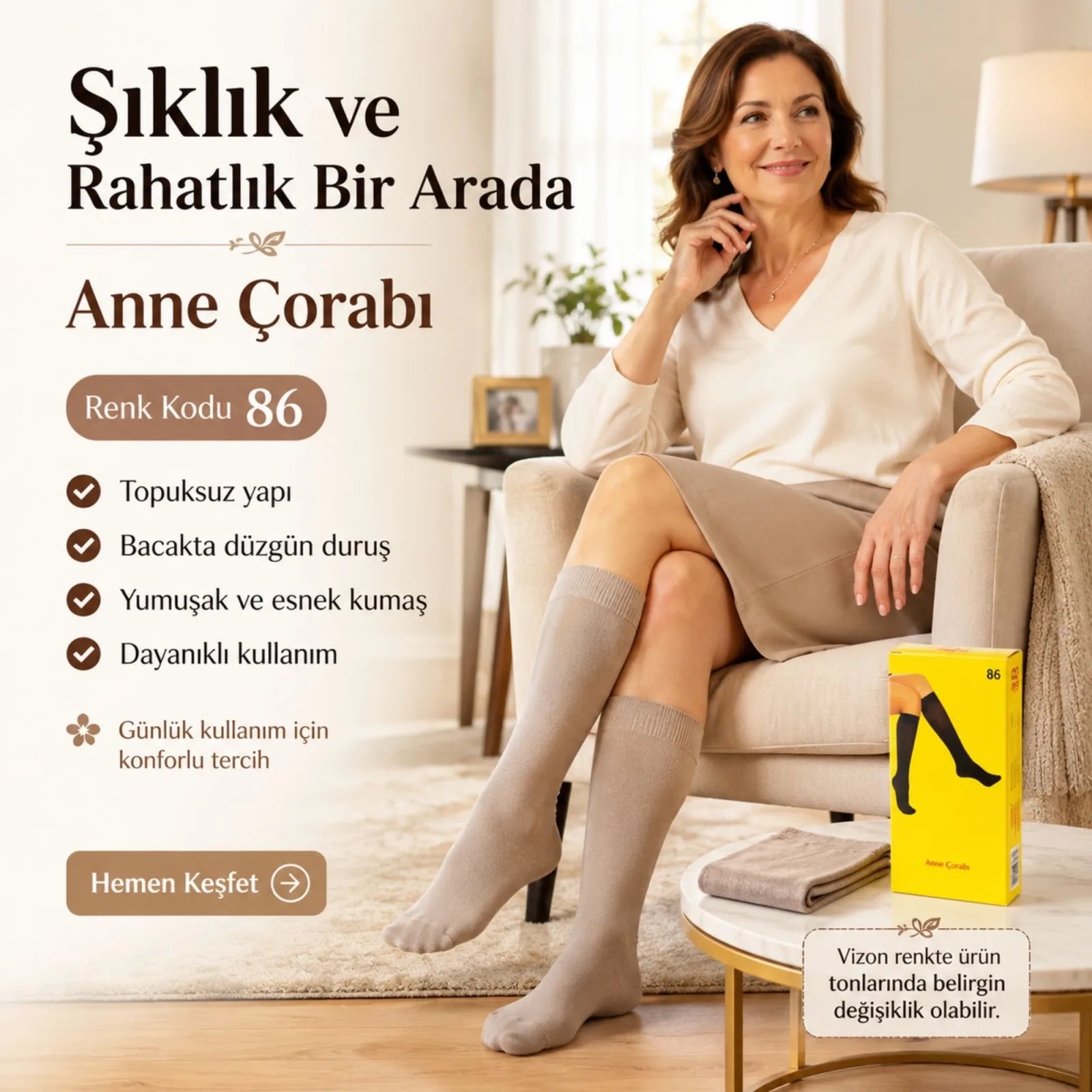 Kadın 40 Denye 6'lı İnce Anne Çorabı Dizaltı Topuksuz Esnek Günlük Kullanım Çorabı Ten Siyah Bronz Vizon