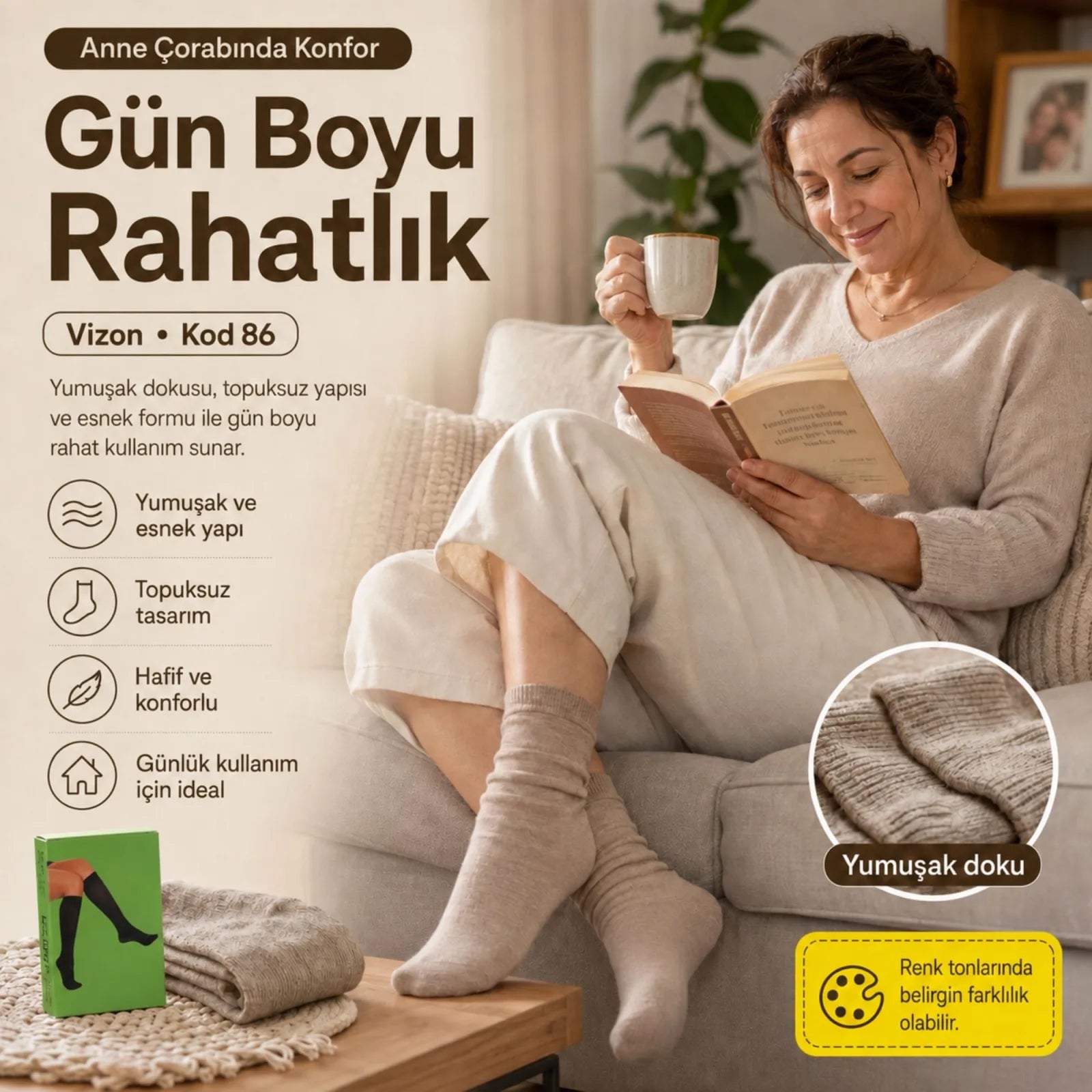 Kadın 70 Denye 6'lı Kalın Anne Çorabı Dizaltı Topuksuz Esnek Günlük Kullanım Çorabı Ten Siyah Bronz Vizon