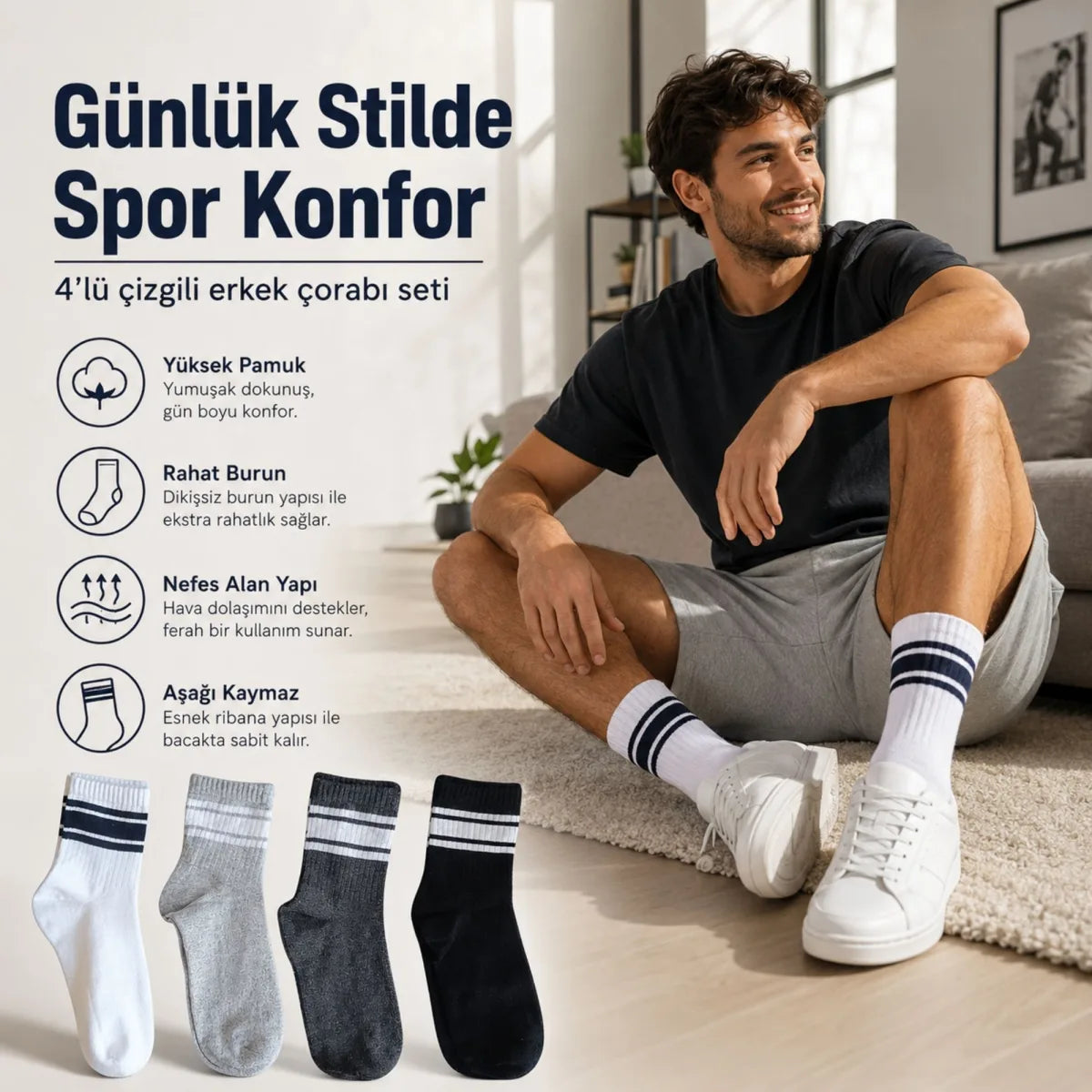 4’lü Çizgili Erkek Spor Çorabı Seti Pamuklu Fitilli Rahat Burunlu Beyaz Gri Siyah
