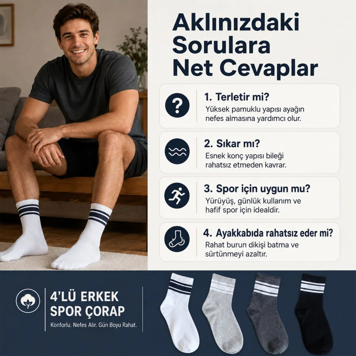 4’lü Çizgili Erkek Spor Çorabı Seti Pamuklu Fitilli Rahat Burunlu Beyaz Gri Siyah