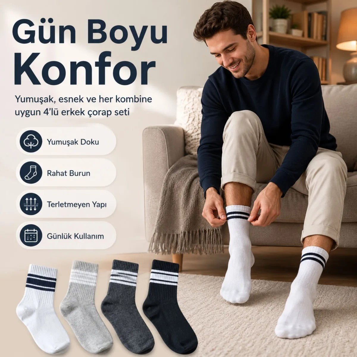 4’lü Çizgili Erkek Spor Çorabı Seti Pamuklu Fitilli Rahat Burunlu Beyaz Gri Siyah