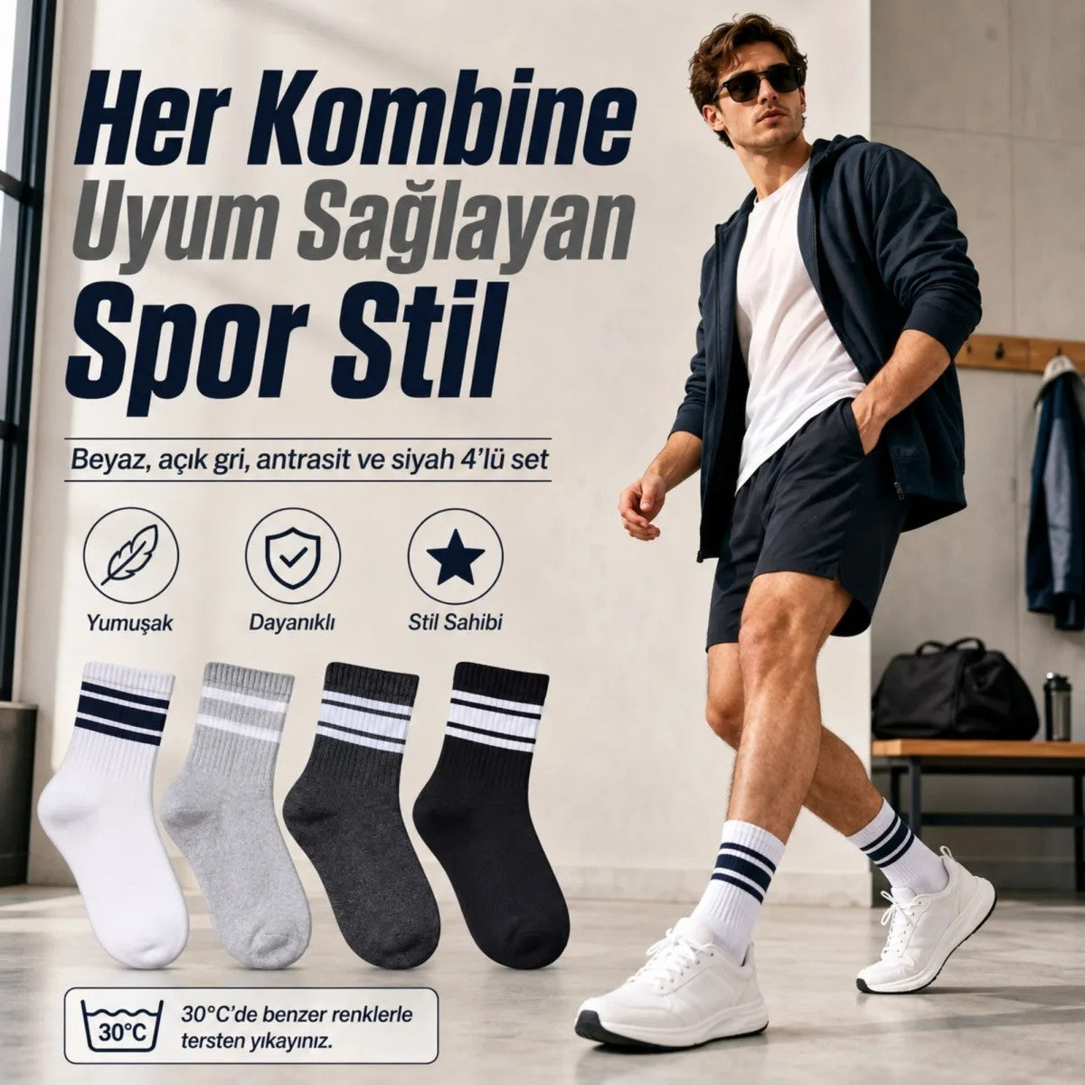 4’lü Çizgili Erkek Spor Çorabı Seti Pamuklu Fitilli Rahat Burunlu Beyaz Gri Siyah