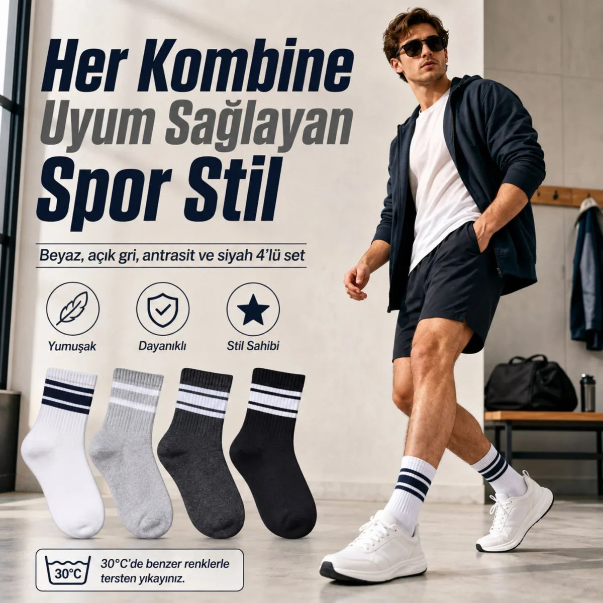 4’lü Çizgili Erkek Spor Çorabı Seti Pamuklu Fitilli Rahat Burunlu Beyaz Gri Siyah