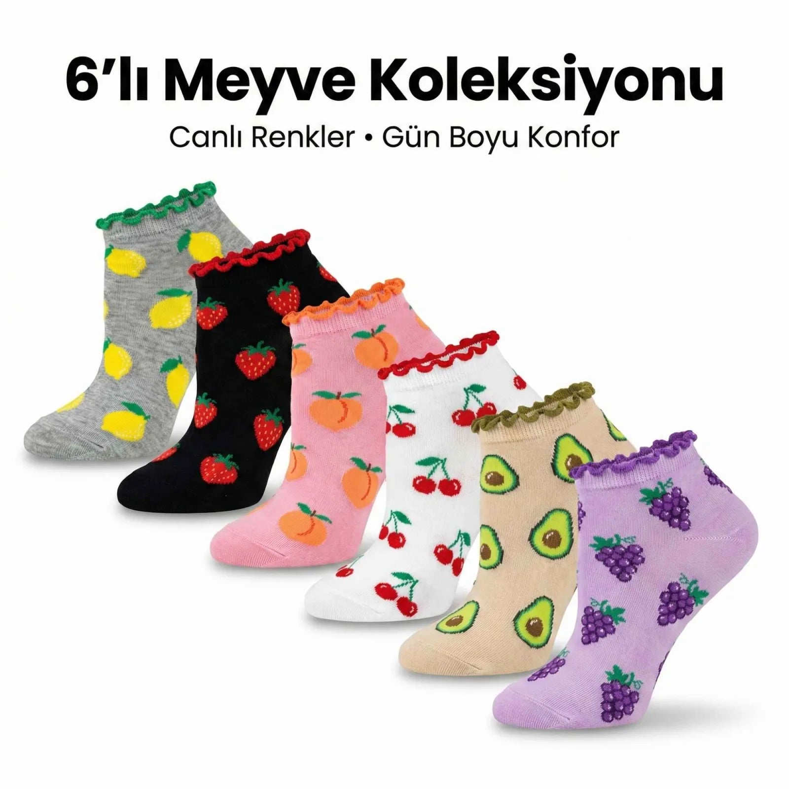 Kadın Meyve Desenli Fırfırlı Soket Çorap 6’lı Set – Renkli, Yumuşak ve Rahat Bilek Çorabı
