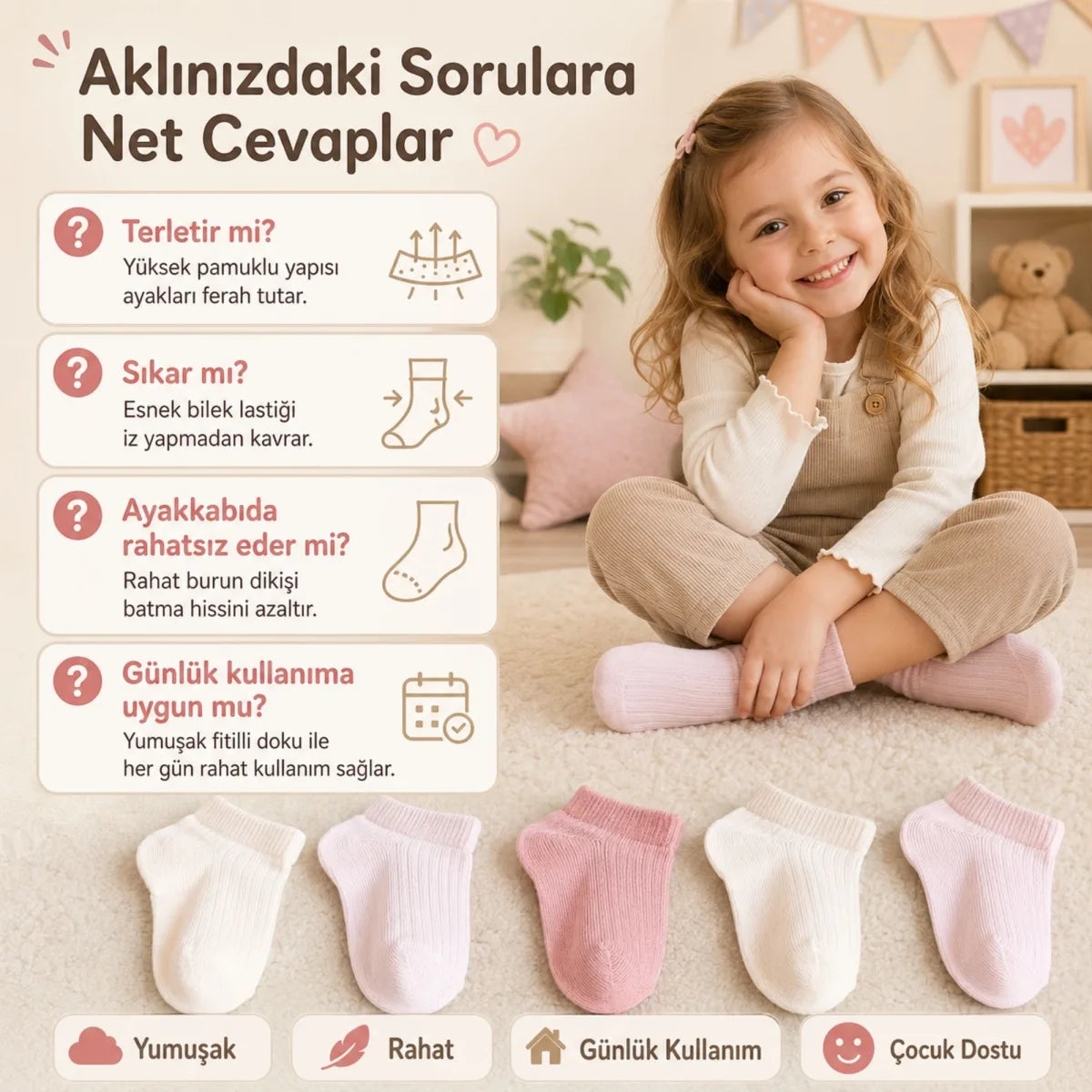 5’li Fitilli Kız Çocuk Çorap Seti Pamuklu Rahat Burunlu Sıkmayan Bilek Pastel Renkli