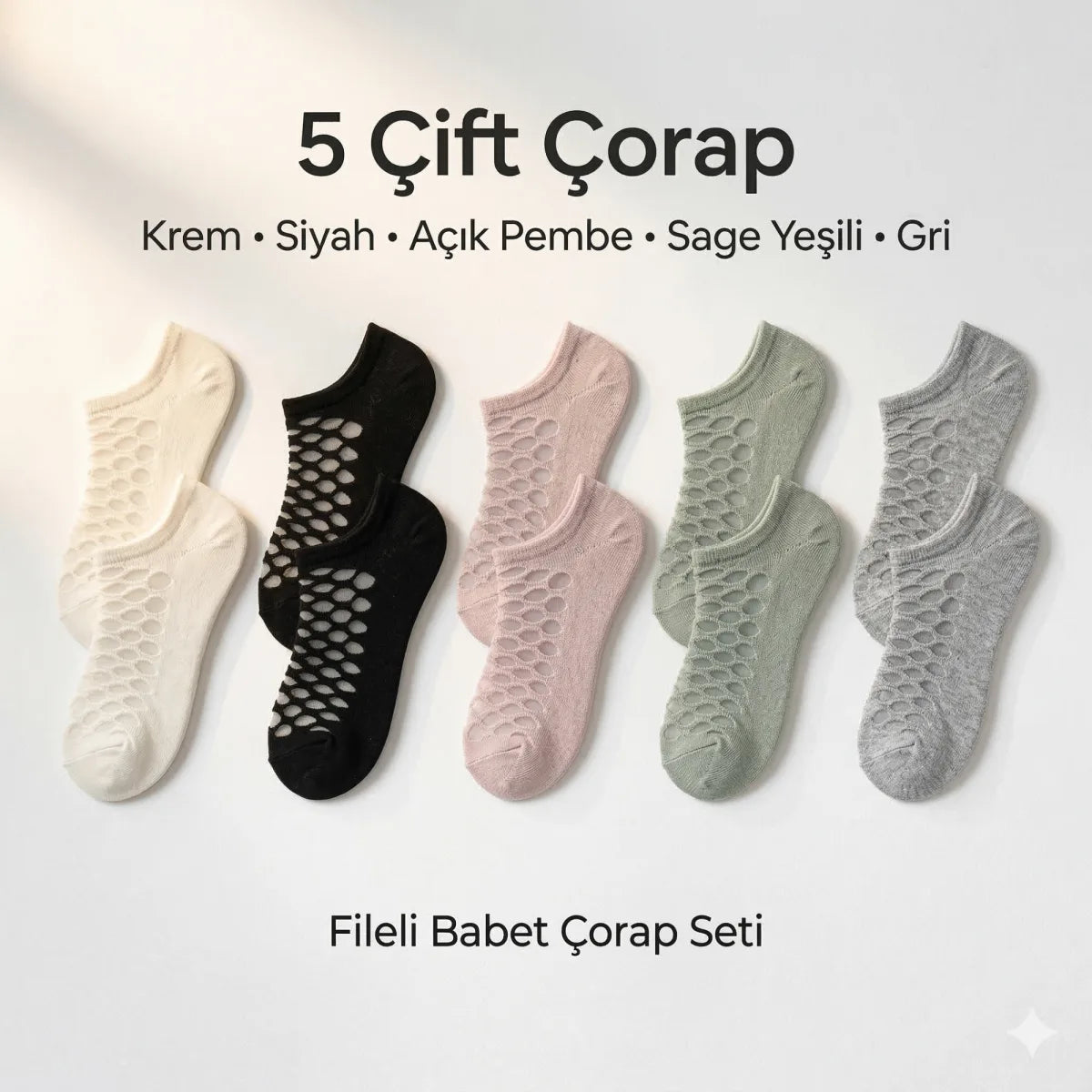 Kadın Fileli Babet Çorap 5’li Set – Nefes Alan, Görünmez, Esnek ve İnce Yazlık Çorap