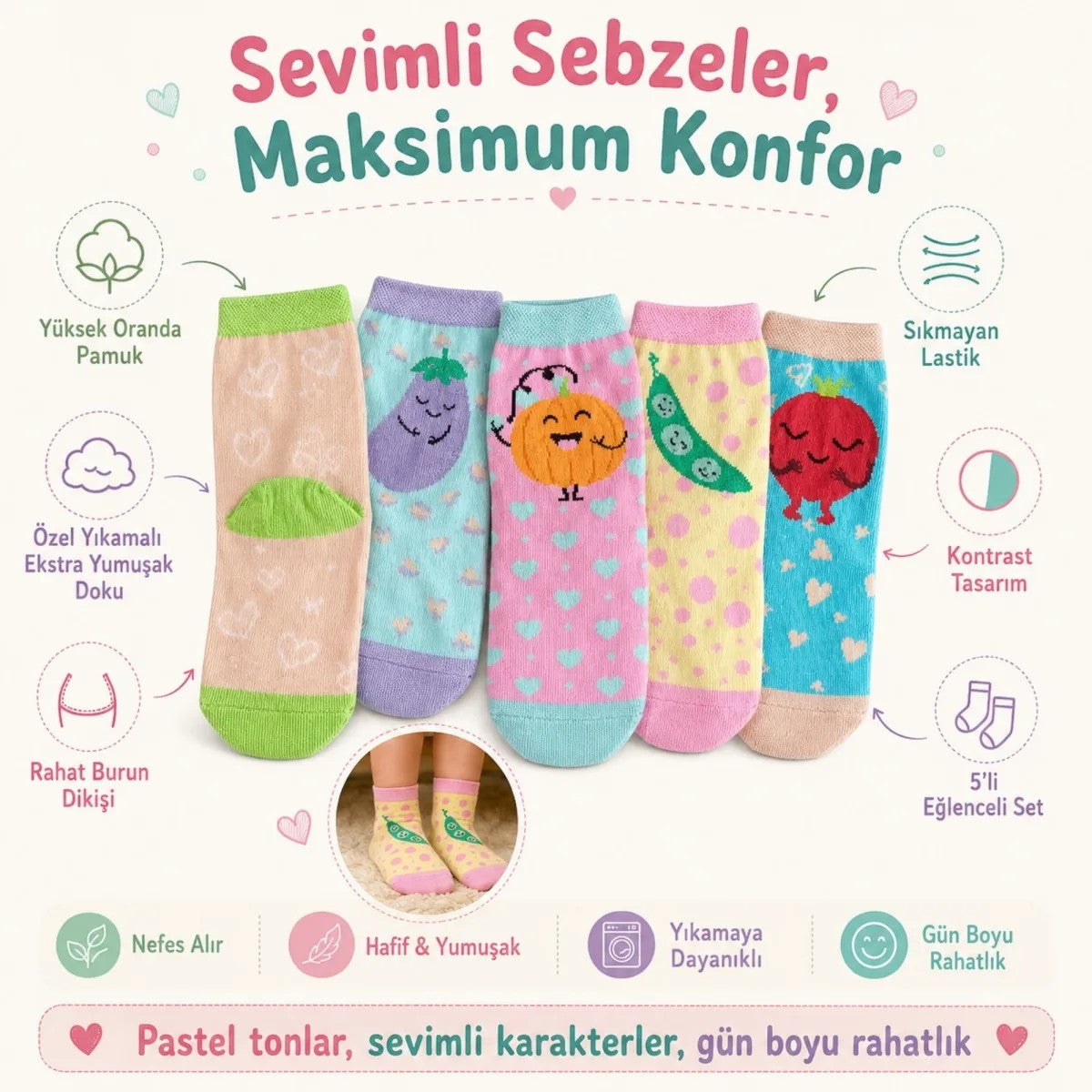5’li Sebze Desenli Çocuk Çorap Seti Yüksek Pamuklu Rahat Burunlu Sıkmayan Lastikli