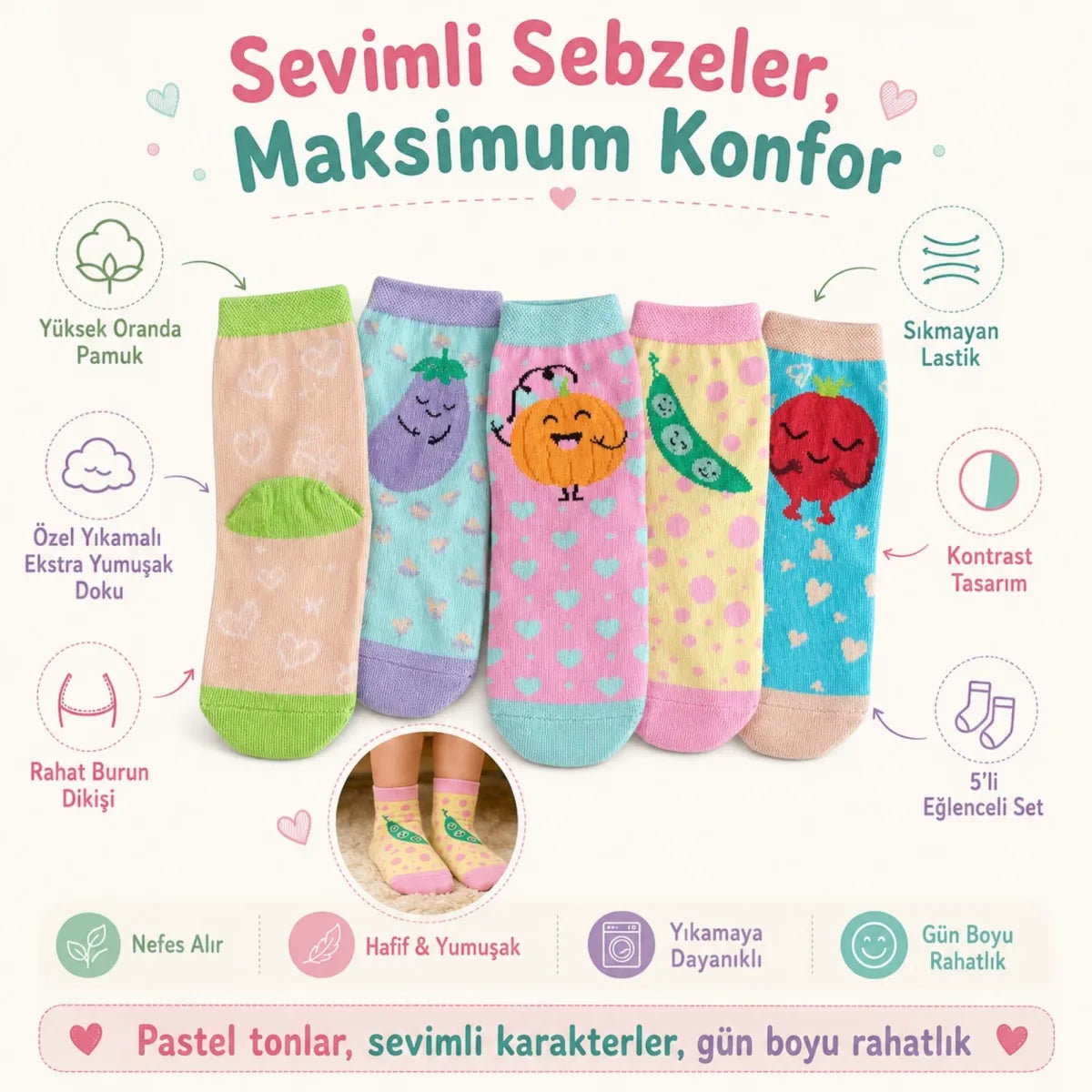 5’li Sebze Desenli Çocuk Çorap Seti Yüksek Pamuklu Rahat Burunlu Sıkmayan Lastikli