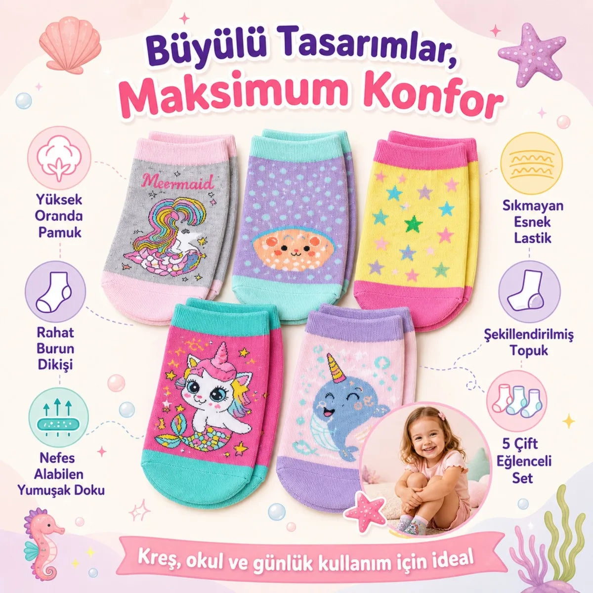 5’li Kız Çocuk Çorap Seti Deniz Kızı Unicorn Desenli Pamuklu Rahat Burunlu Renkli