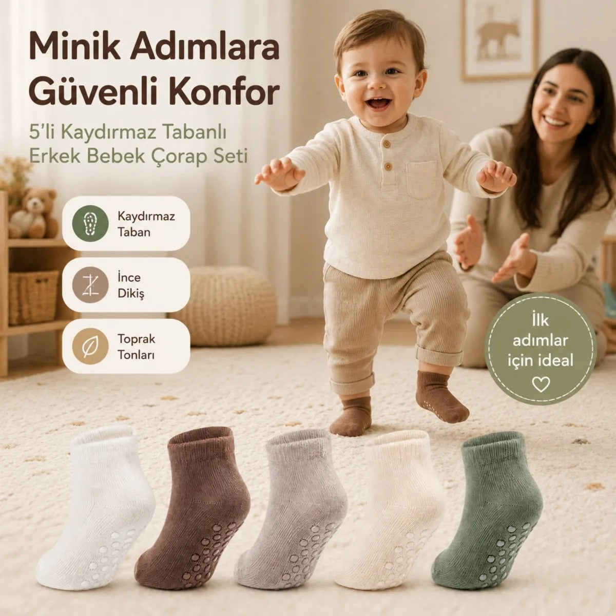 5’li Kaydırmaz Tabanlı Erkek Bebek Çorap Seti İnce Dikişli Toprak Tonları